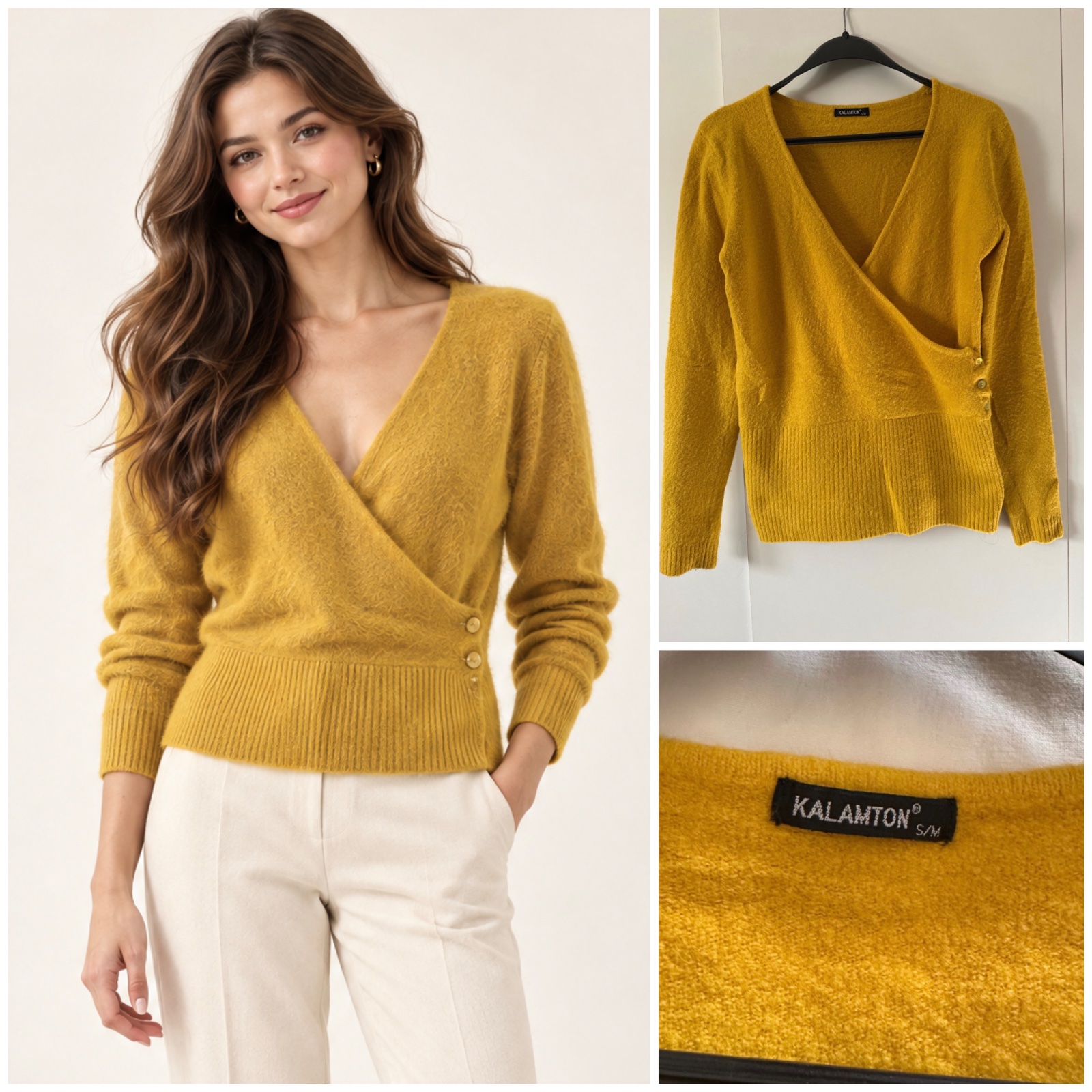 💛 Pull Jaune Moutarde KALAMTON ✨ 40% Mohair & 20% Cachemire – Coupe Cache-Cœur Féminine – Doux, Chaud & Élégant 💛🔥🥰✨🌹