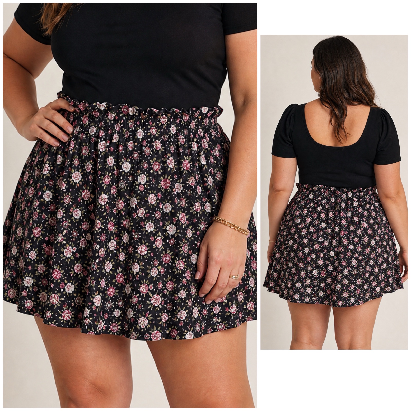 🌸 JUPE SHEIN FLEURIE 🌸 Taille Haute Élastiquée - Imprimé Floral Noir & Rose - Coupe Évasée - Taille XL (44) - Parfaite pour l’Été ! ✨