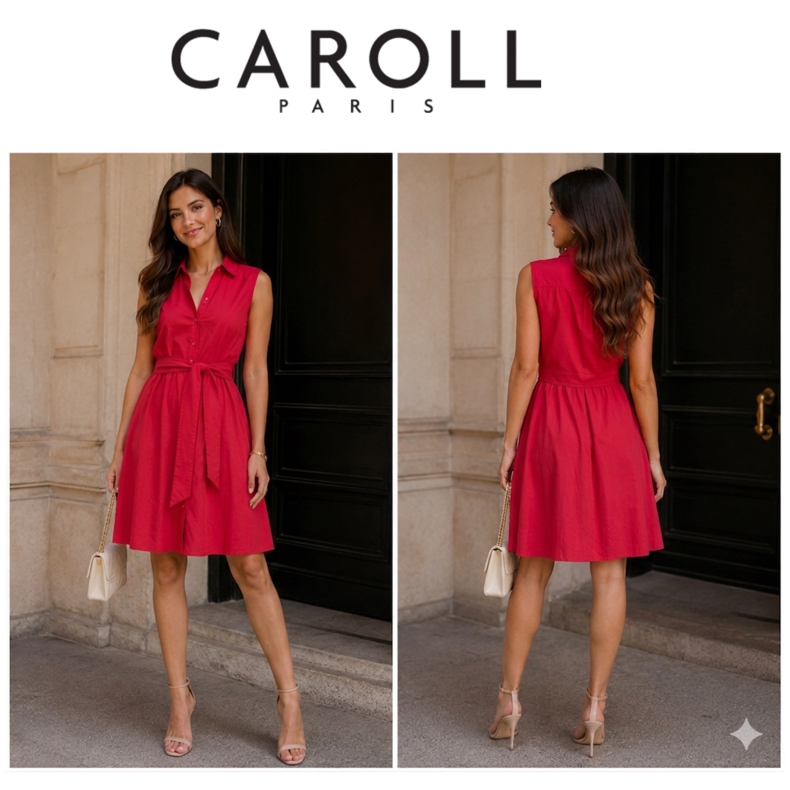 Magnifique robe CAROLL rouge élégante – Taille 36 – Coupe chemise cintrée avec ceinture – Chic & intemporelle🌹🌹🔥🥰🌹