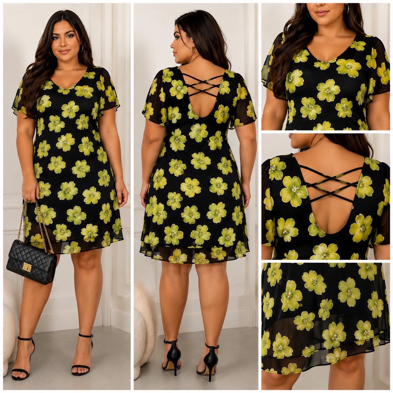 🌼✨ Robe Fluide Noire à Grandes Fleurs Jaunes 💛 Dos Croisé Élégant ✨ Style Chic & Féminin 💃 Longueur Genoux 🌸🔥🥰✨