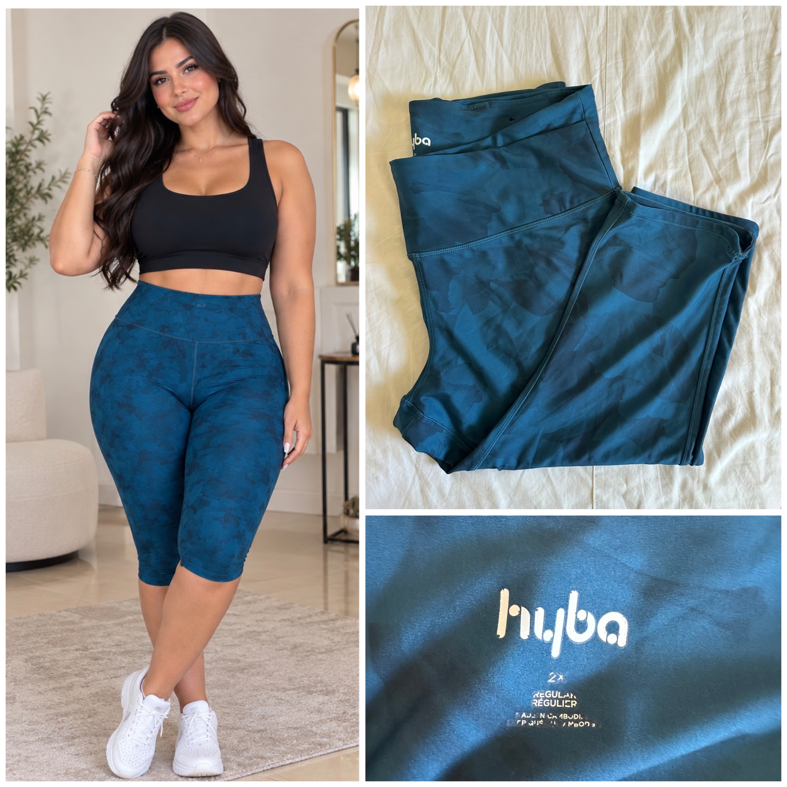  Legging Sport HYBA Bleu Pétrole à Motif Camouflage – Taille Haute Gainante, Coupe 3/4 sous les Genoux, Confort & Style Fitness 💙🔥
