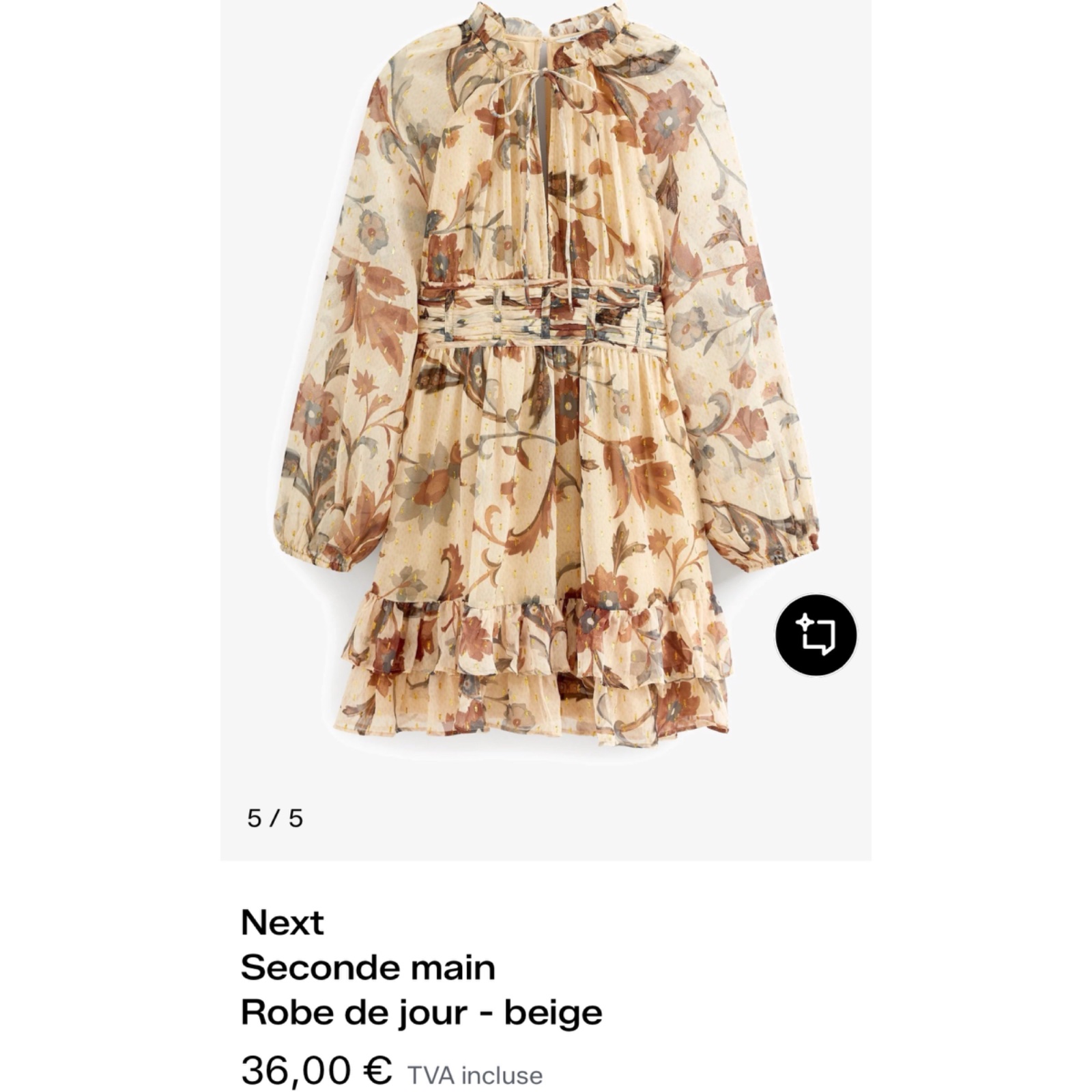 Robe Courte NEXT Chiffon Fleurie Boas Chic – T. 46 (UK 18) – Neuve avec détails dorés 🔥✨