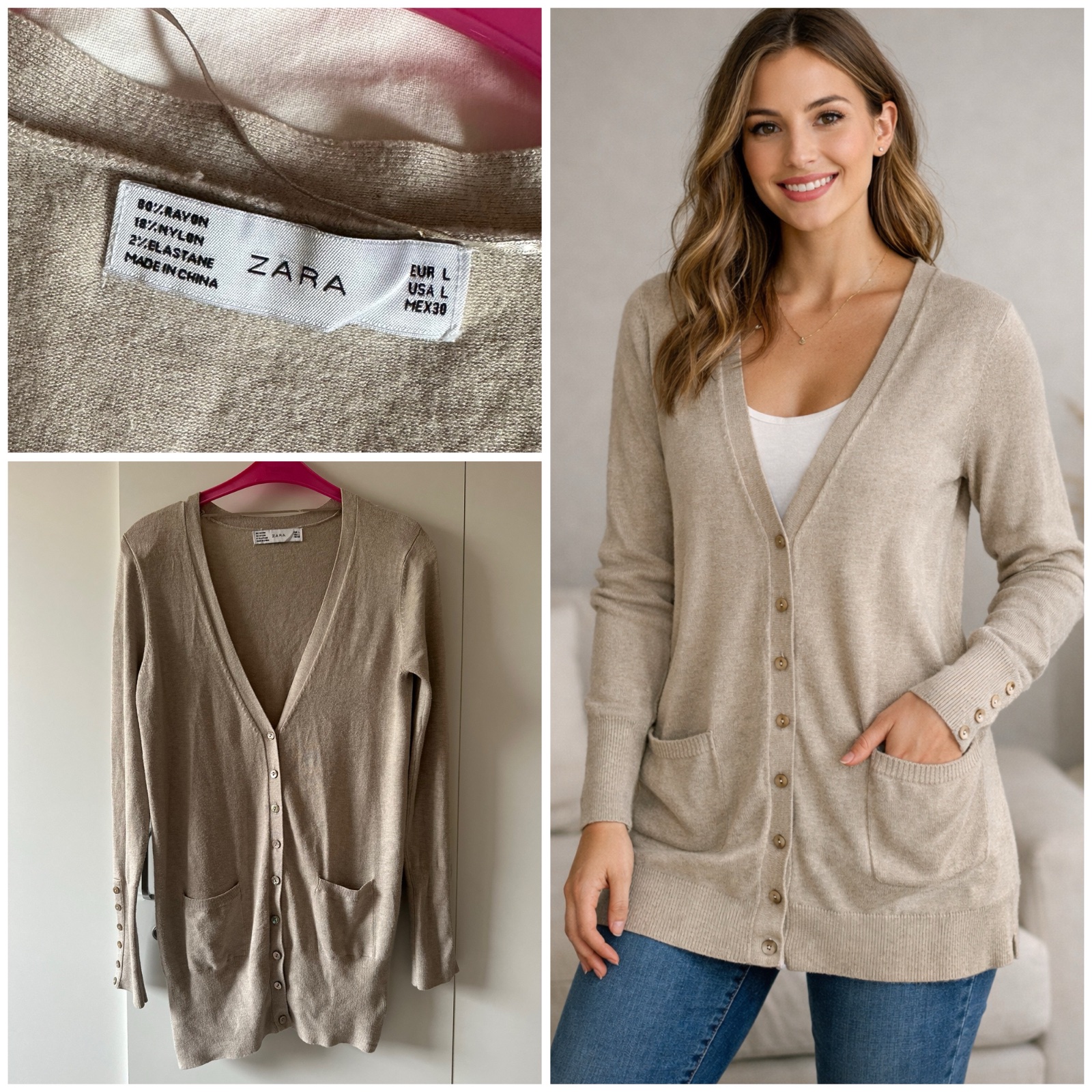 Gilet Zara Beige avec boutons nacrés - Taille L 💞🌹