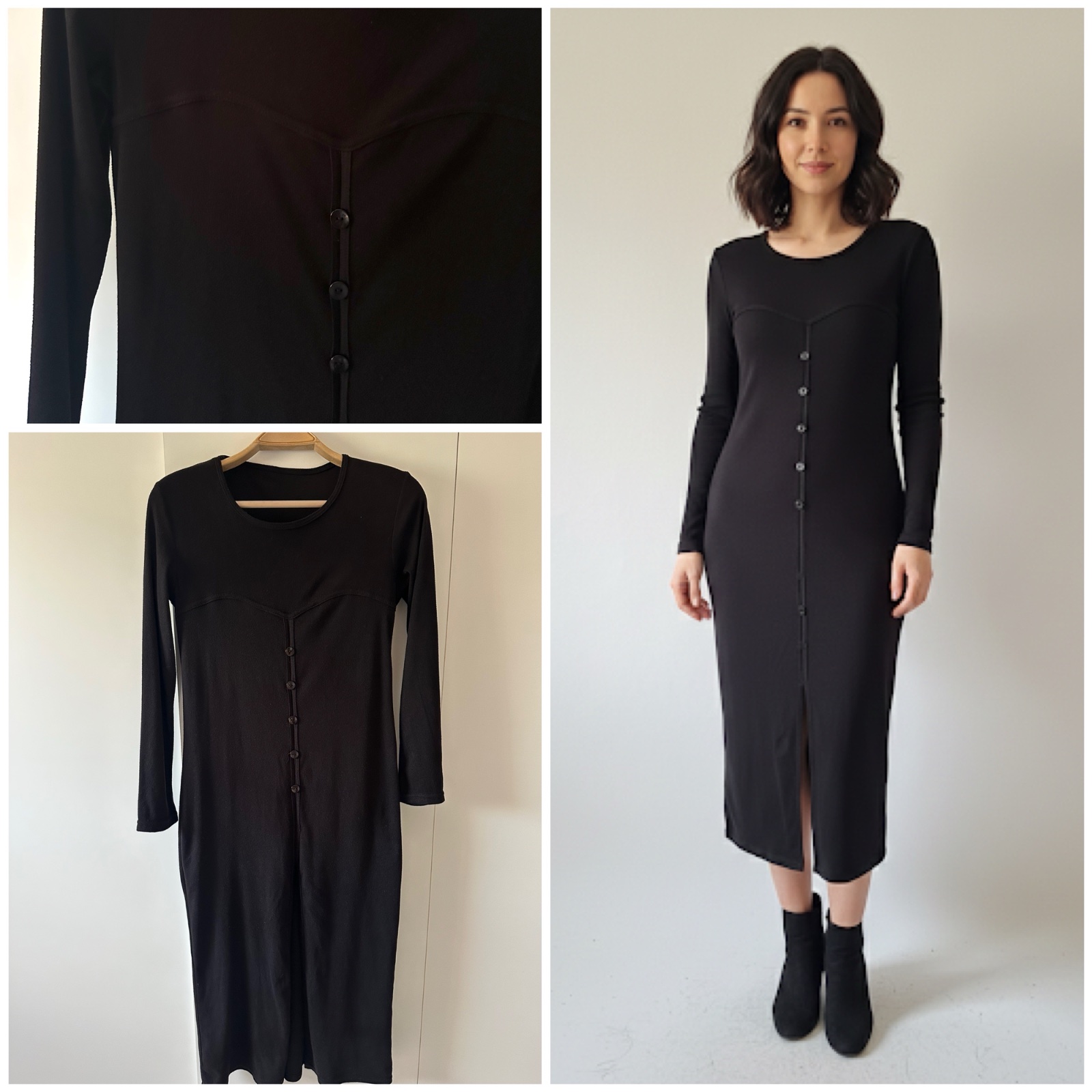 👗 Robe Midi Noire – Détails Boutonnés et Coupe Élégante🖤🌹
