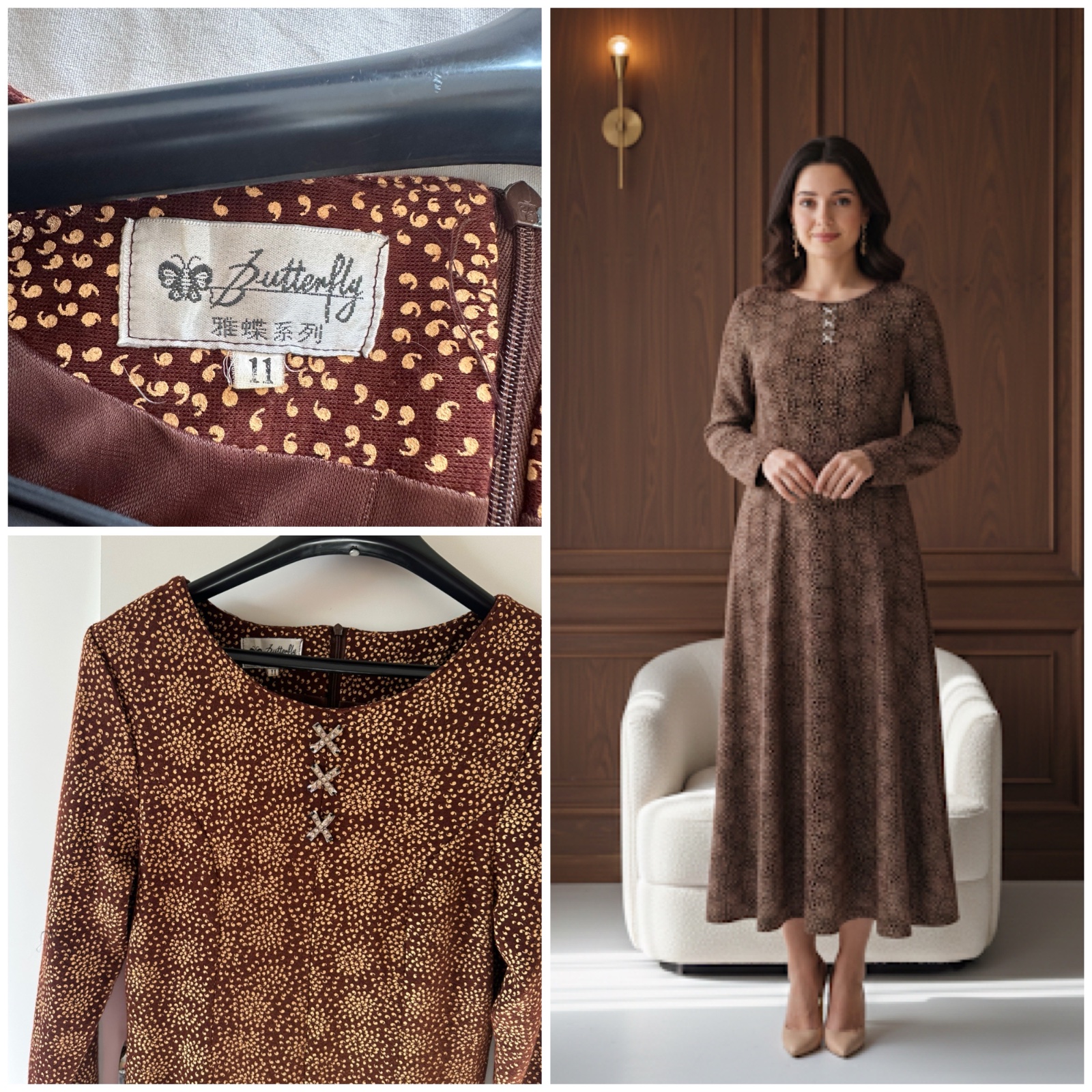 Robe longue fluide marron - Motif texturé et détails bijoux 😍🌹