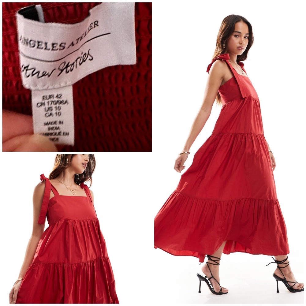 Magnifique Robe & Other Stories - Robe longueur mollet avec ourlet étagé et bretelles nouées - Rouge🌹🌹