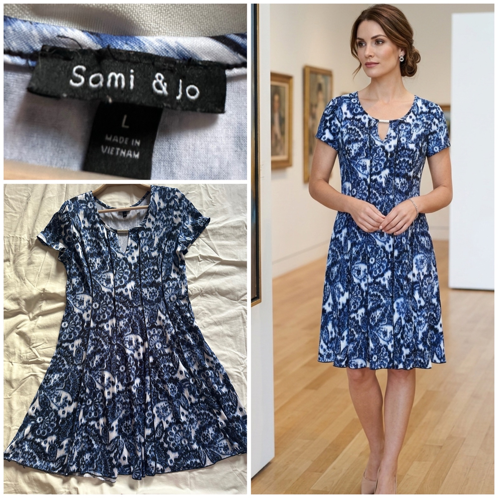 Robe Évasée Sami & Jo – Motif Ikat Bleu & Blanc – État Neuf✨🔥🌹💙💕