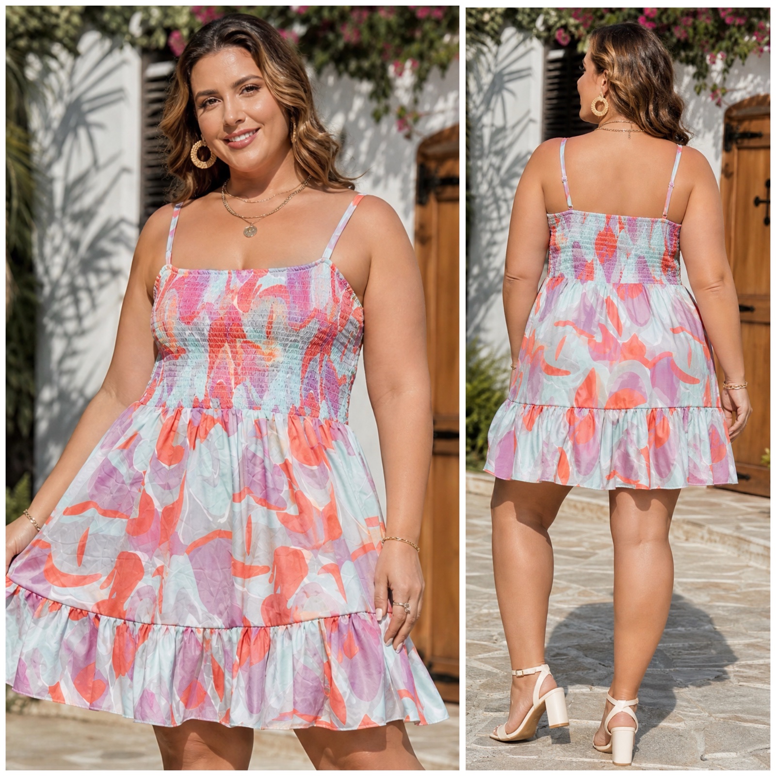 🌟 SHEIN CURVE COLLECTION 🌟 ROBE ESTIVALE COURTE ÉVASÉE - COUPE FLATTEUSE SMOCKÉE - IMPRIMÉ VIBRANT LILAS & SAUMON - TAILLE 3XL - MUST-HAVE ÉTÉ 🌴
