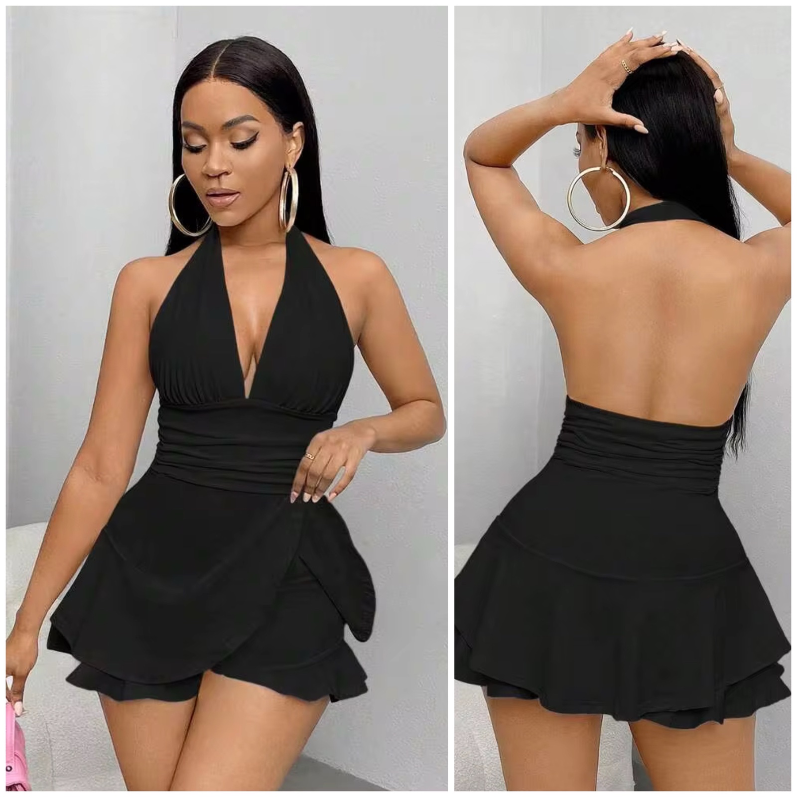 🌹✨ 🖤 Robe Noire SHEIN Chic & Féminine – Dos Nu, Taille Froncée & Jupe Volantée – Coupe Flatteuse & Tendance ✨🔥🌹🥰🌷