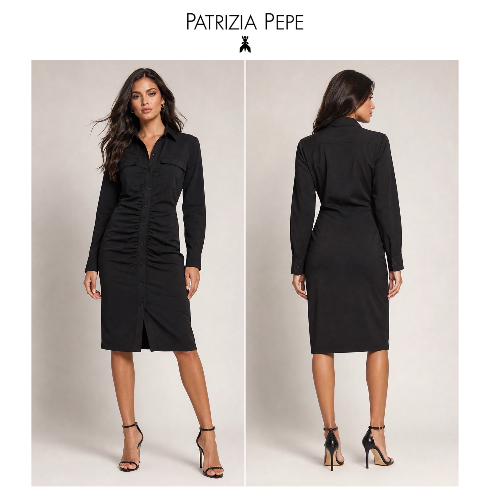 🖤✨ PATRIZIA PEPE ✨🖤 Robe Chemise Noire Cintrée à Fronces | Élégance Italienne 🇮🇹 | Coupe Féminine & Chic🔥🥰🌹✨