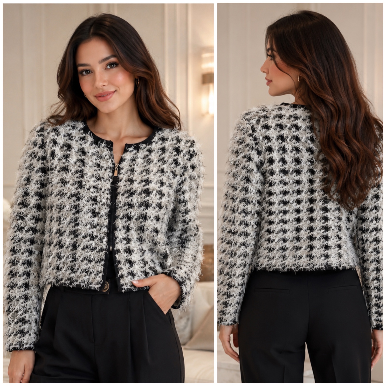 🔥 ✨ Gilet court noir & blanc effet bouclé/tweed à franges – fermeture zippée – chic, élégant & tendance – taille M ✨🔥🥰✨🌹