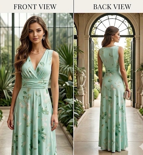 Robe Longue Fluide Vert Menthe Imprimé Feuillage – Coupe Empire Chic (Taille L) ✨