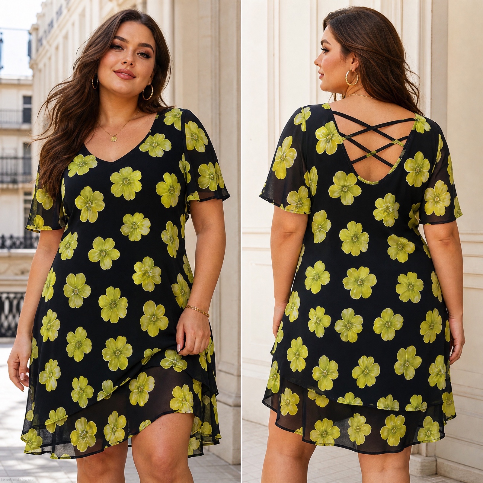 👗 ✨ ÉLÉGANCE FLORALE : Sublime Robe C&A “Young 6th Sense” Noire & Jaune Lime - Dos Croisé Ultra Chic & Coupe Curvy Magnifiée ! ✨ 👗🔥🥰🔥🌻
