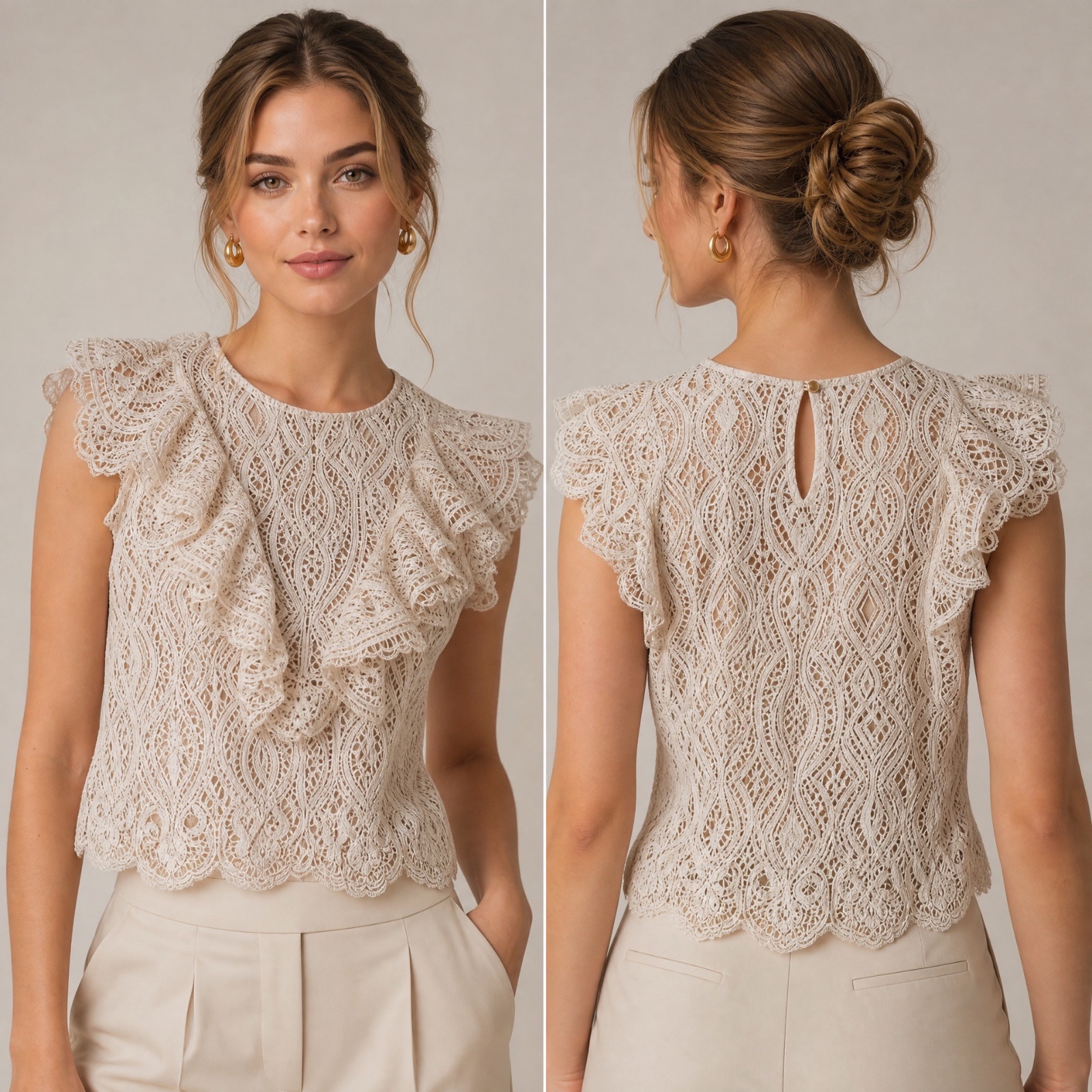🌸 TOP DENTELLE ZARA ÉLÉGANT 🌸 | Volants Délicats & Motif Floral | Taille XL | Couleur Crème/Beige Chic | Parfait pour l’été & les occasions spéciales ✨