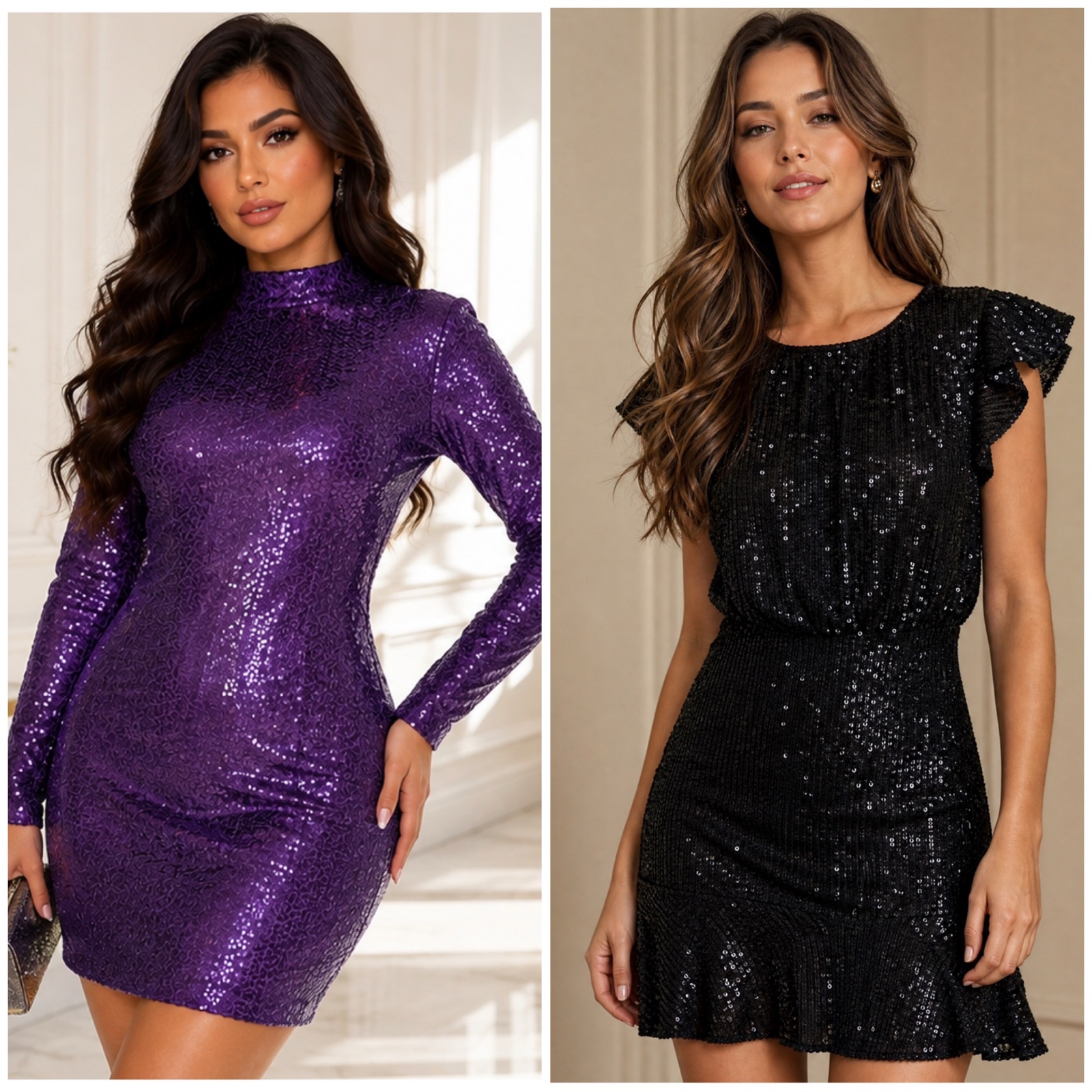 ✨ Lot de 2 robes de soirée pailletées ultra chic – Violet & Noir – Élégantes, glamour et parfaites pour fêtes & occasions ✨✨🌹🌸💜