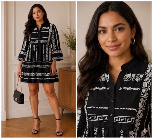Robe bohème Jaipur noire brodée blanc – Style bohème chic premium – 100% coton – Taille S/M 🤍🖤