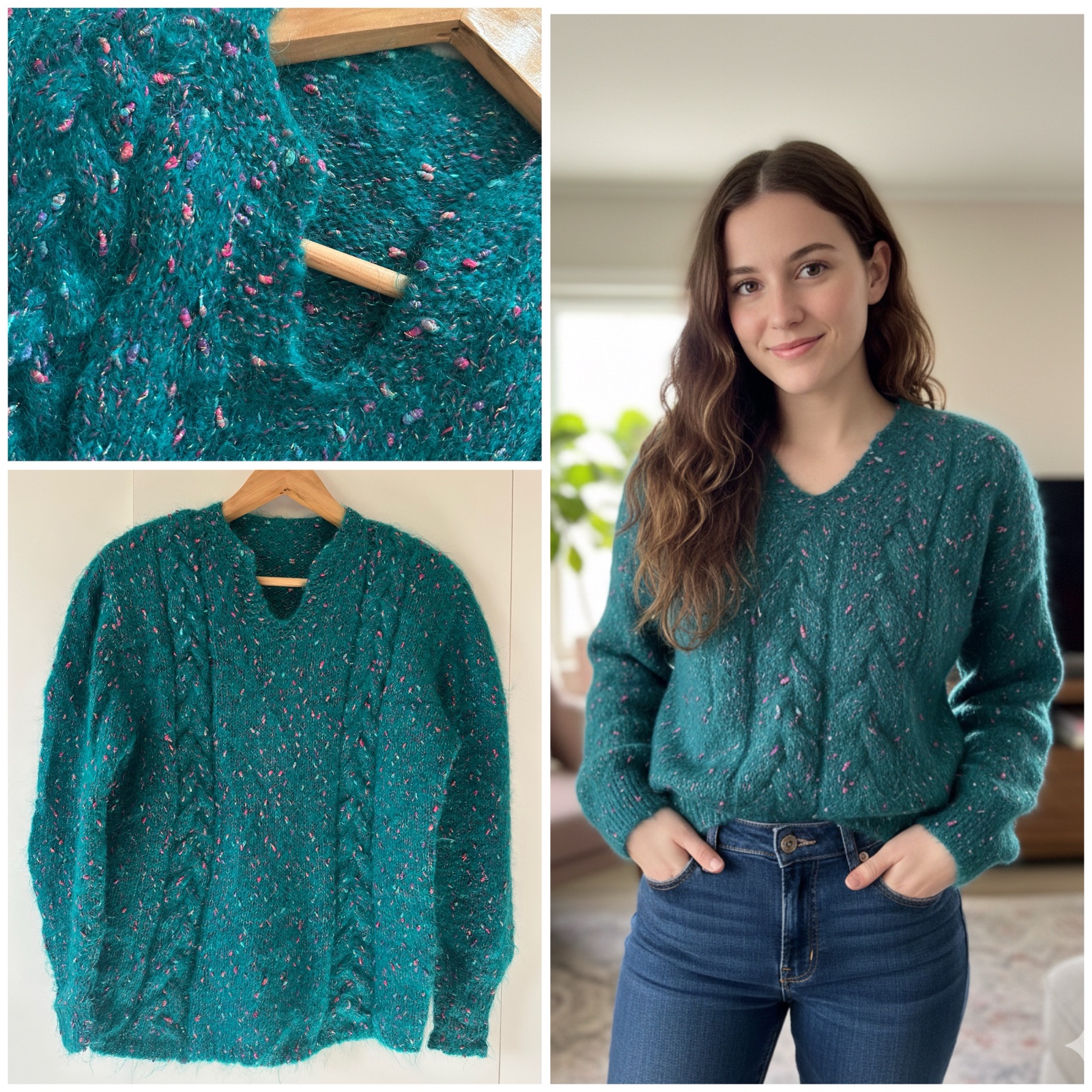Pull Vintage en Maille Chenillée - Vert Émeraude Moucheté 🌹
