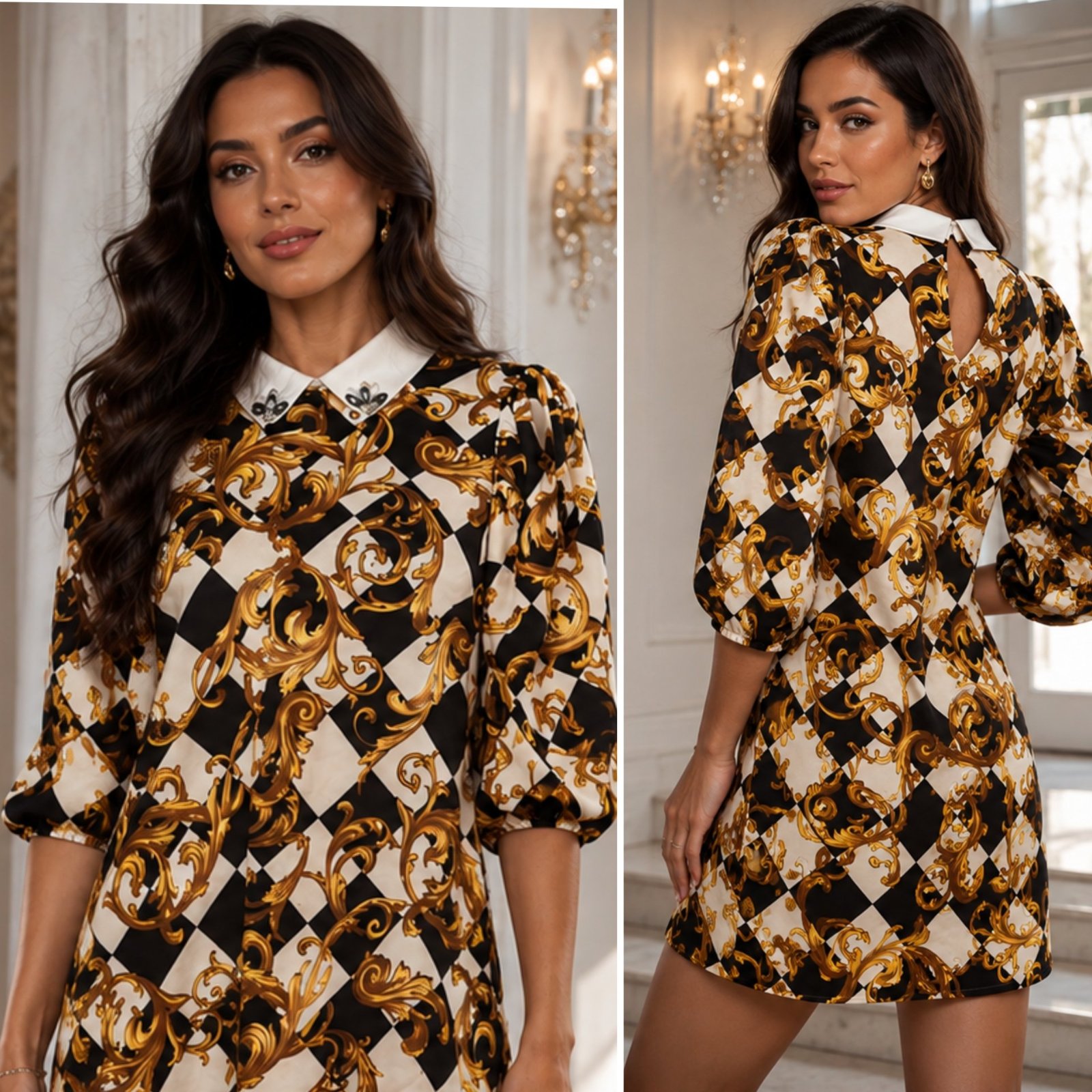 ✨🎀 Robe Chic Baroque Noir Beige & Doré ✨ Col Blanc Bijou • Manches Bouffantes • Coupe Élégante & Raffinée • Style Luxe & Sophistiqué🌹✨🎀❤️