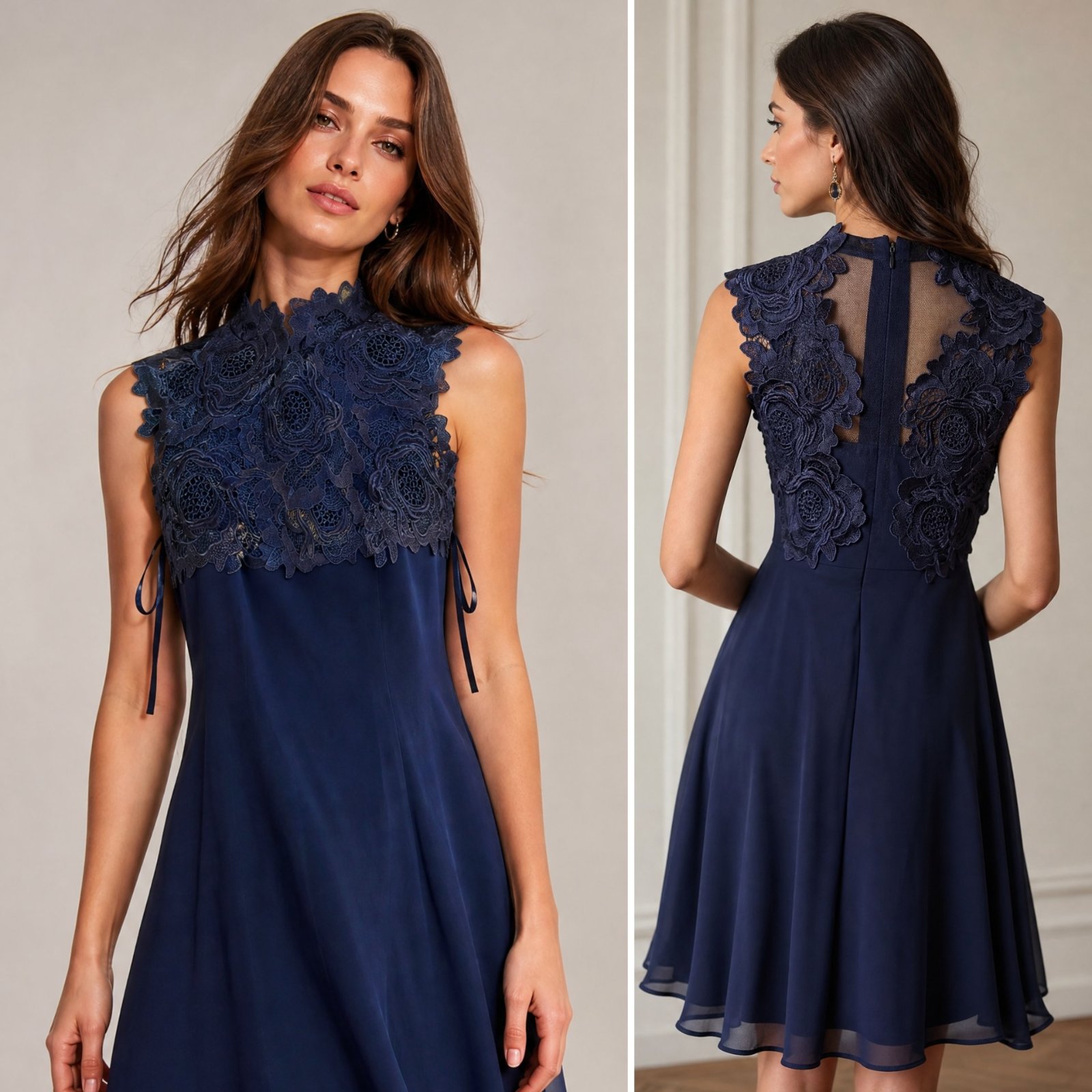 🎀Robe de Cocktail Chic Bleue Marine – Dentelle Florale & Dos Nu Raffiné – Taille 36 – État Neuf🎀🔥🌹