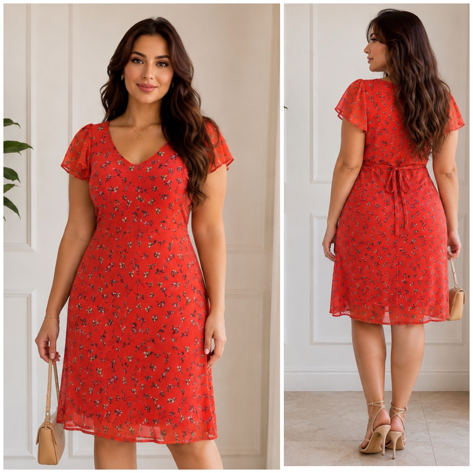 Robe Promod rouge corail fleurie élégante & féminine – Coupe fluide, col V, manches volantées, dos avec lien à nouer – Chic & tendance🌹🥰✨🔥