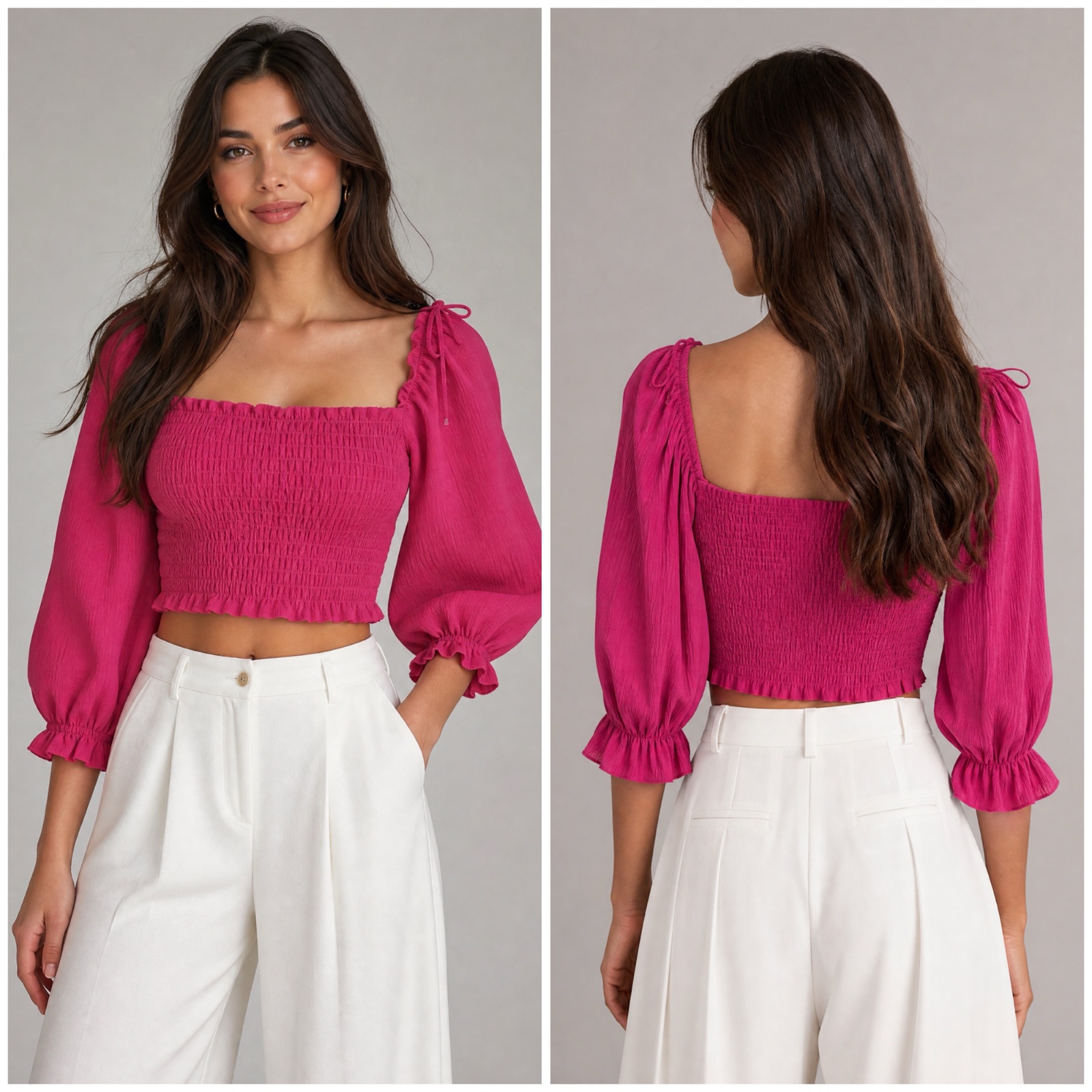 ✨ Top Crop Smocké Rose Fuchsia - Manches 3/4 Bouffantes avec Liens - Style Chic Bohème - Neuf avec Étiquette ✨🌷💕