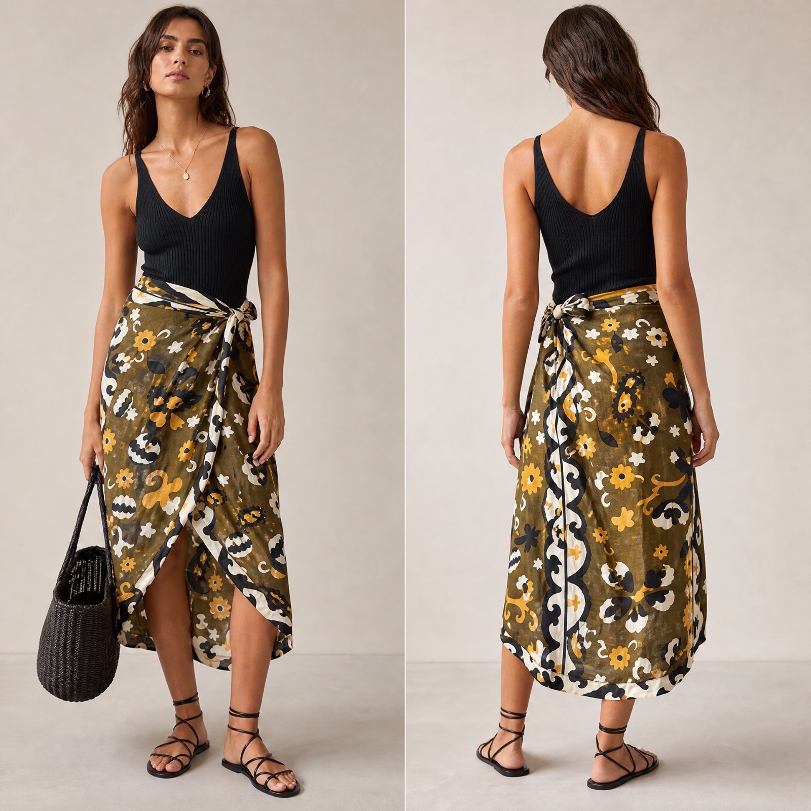 👑 MUST-HAVE ZARA 👑 Jupe Portefeuille Fleurie Kaki & Jaune 🌼 Coupe Élégante & Fluide ✨
