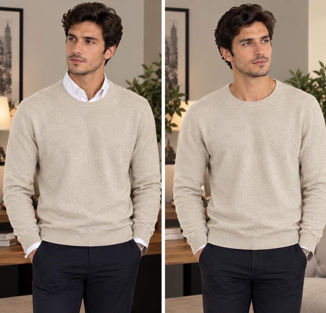 Pull Homme Combipel 🤍 Beige Écru – 100% Laine d’Agneau 🐑 – Maille Douce & Chaude – Col Rond Classique – Style Chic & Intemporel – Taille XL✨