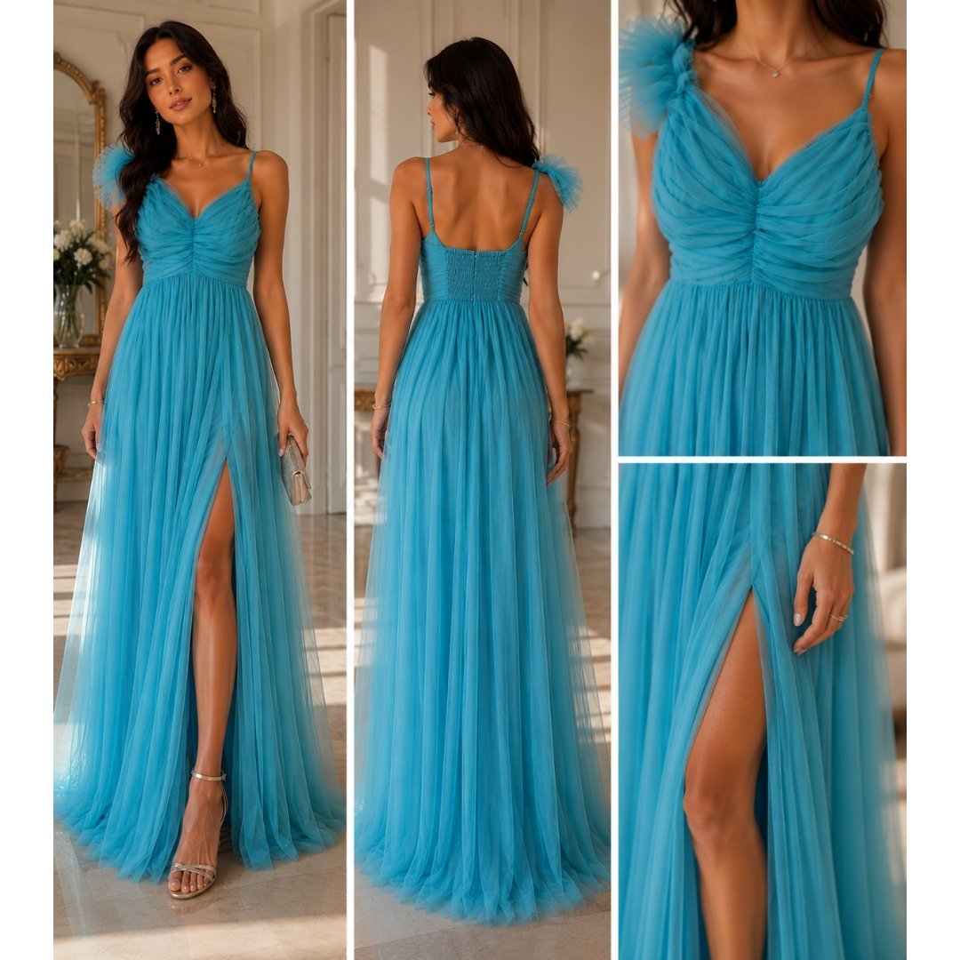 💎✨ Sublime robe longue bleu turquoise en tulle – coupe princesse chic, fente élégante, bustier drapé & détail volant glamour 💎🔥🥰🔥👑💥💫✨