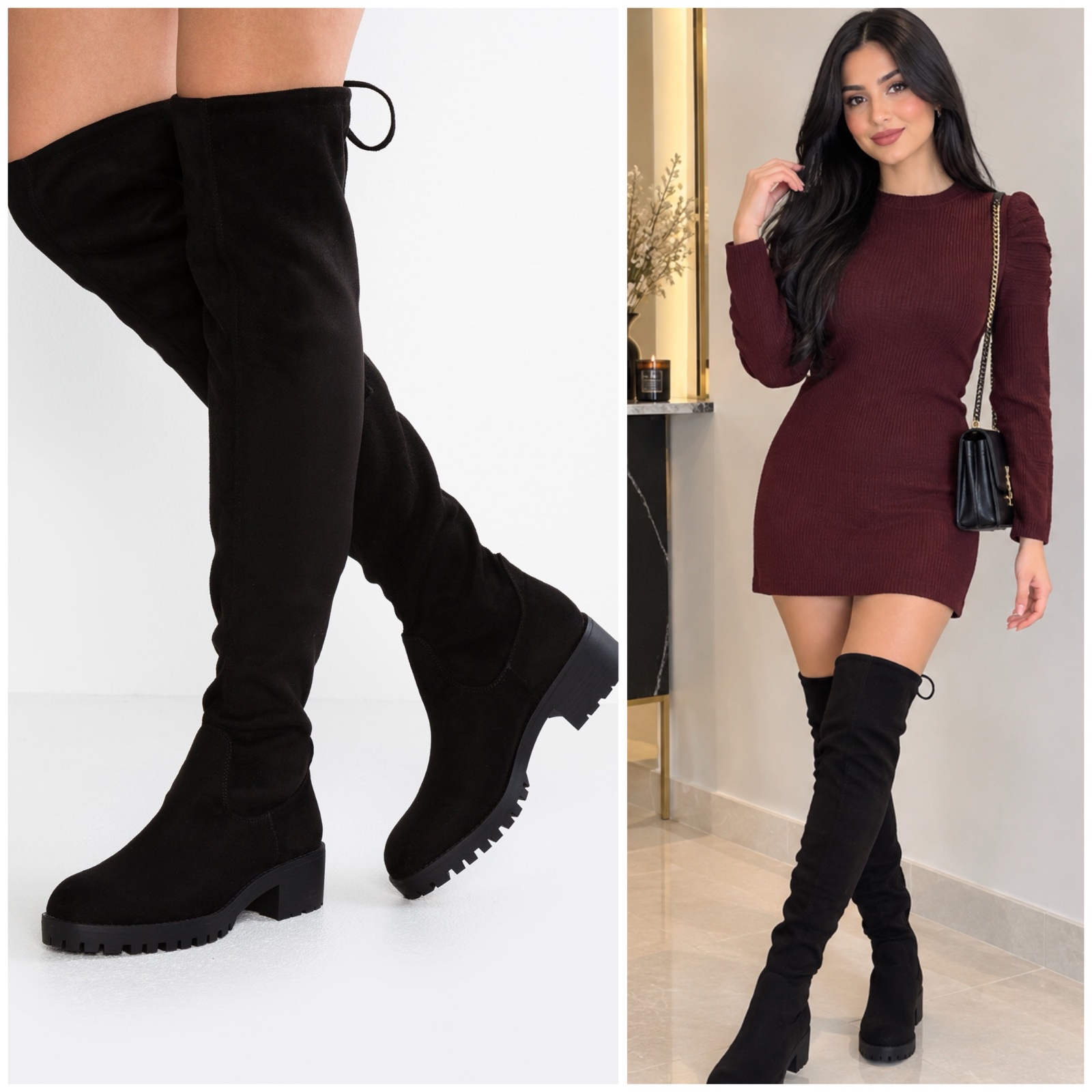 ✨ Bottes cuissardes noires femme • Style chic & tendance • Talon carré confortable • Semelle crantée • Matière effet suédine • Modèle élégant & moderne ✨