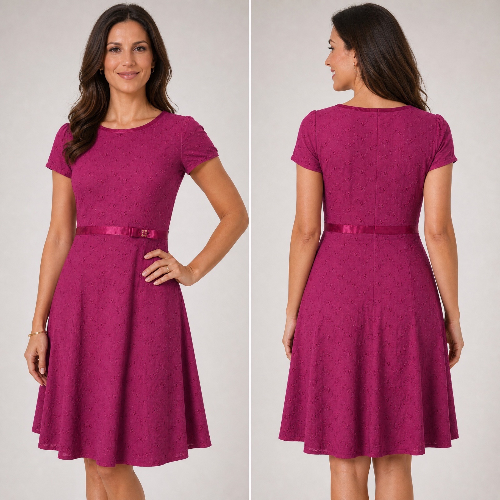 💎 SARTORIA TIZIANA CHIC 💎 Robe Classique Magenta - Tissu Texturé & Détail Nœud Satin - Taille M - Fabrication Italienne de Qualité ! 🇮🇹