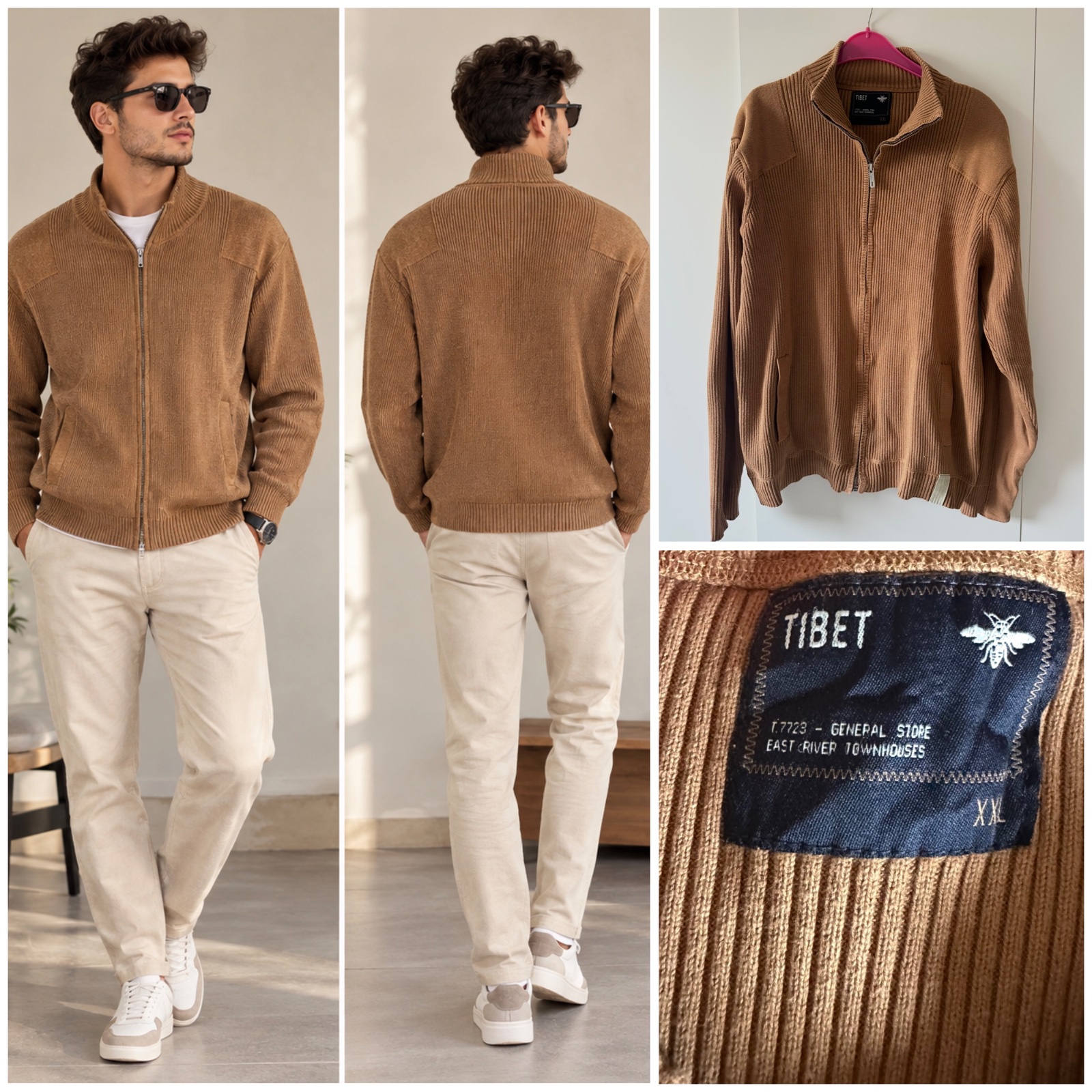 Veste-Gilet Homme TIBET Camel / Marron Caramel 🤎 – 100% Coton, Maille Côtelée, Fermeture Zippée, Col Montant et Poches – Style Chic, Élégant & Décontracté✨