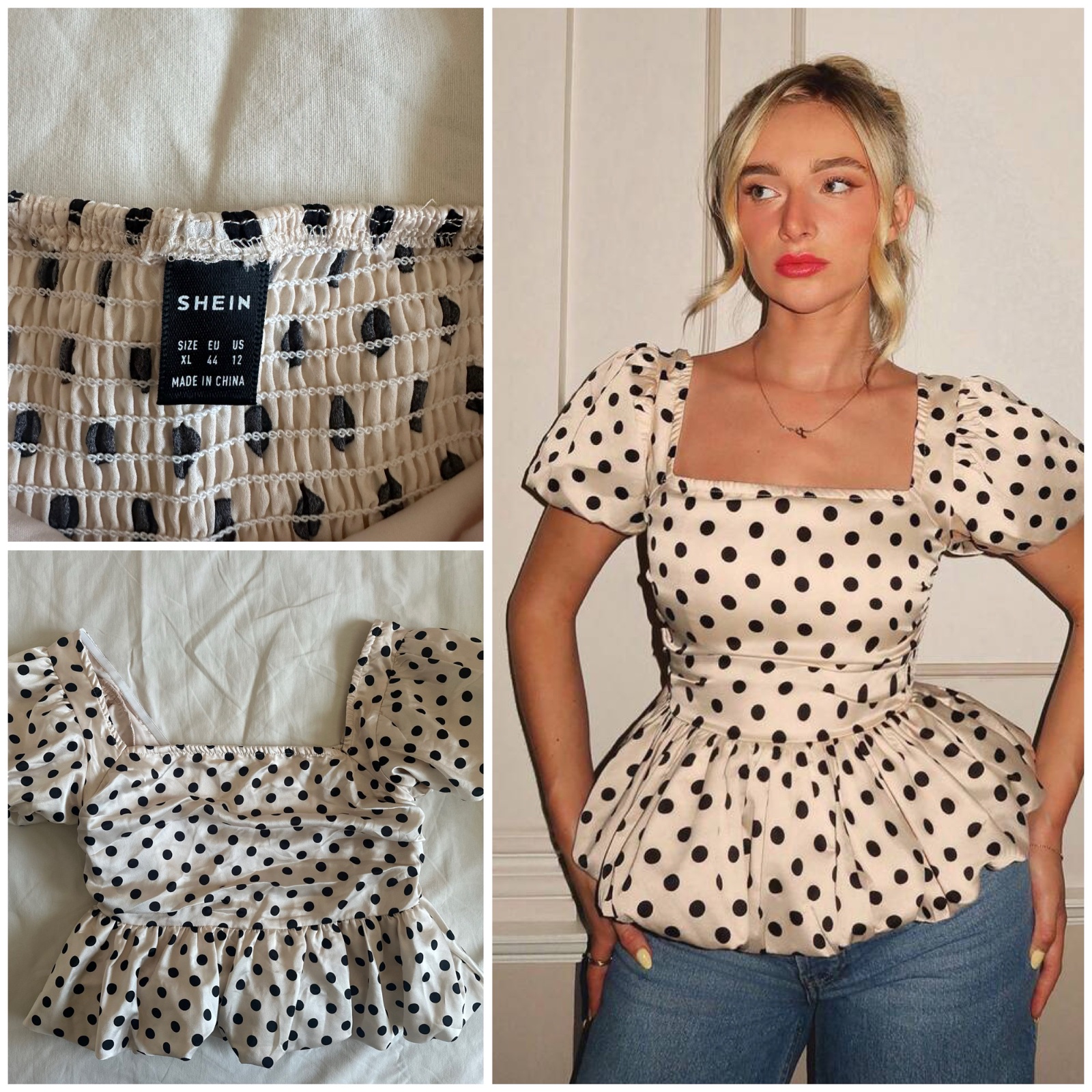 Haut Péplum Satiné à Pois Style Vintage Chic – Coupe Cintrée Effet Sablier & Manches Bouffantes (Taille 44)🔥🥰✨🌹