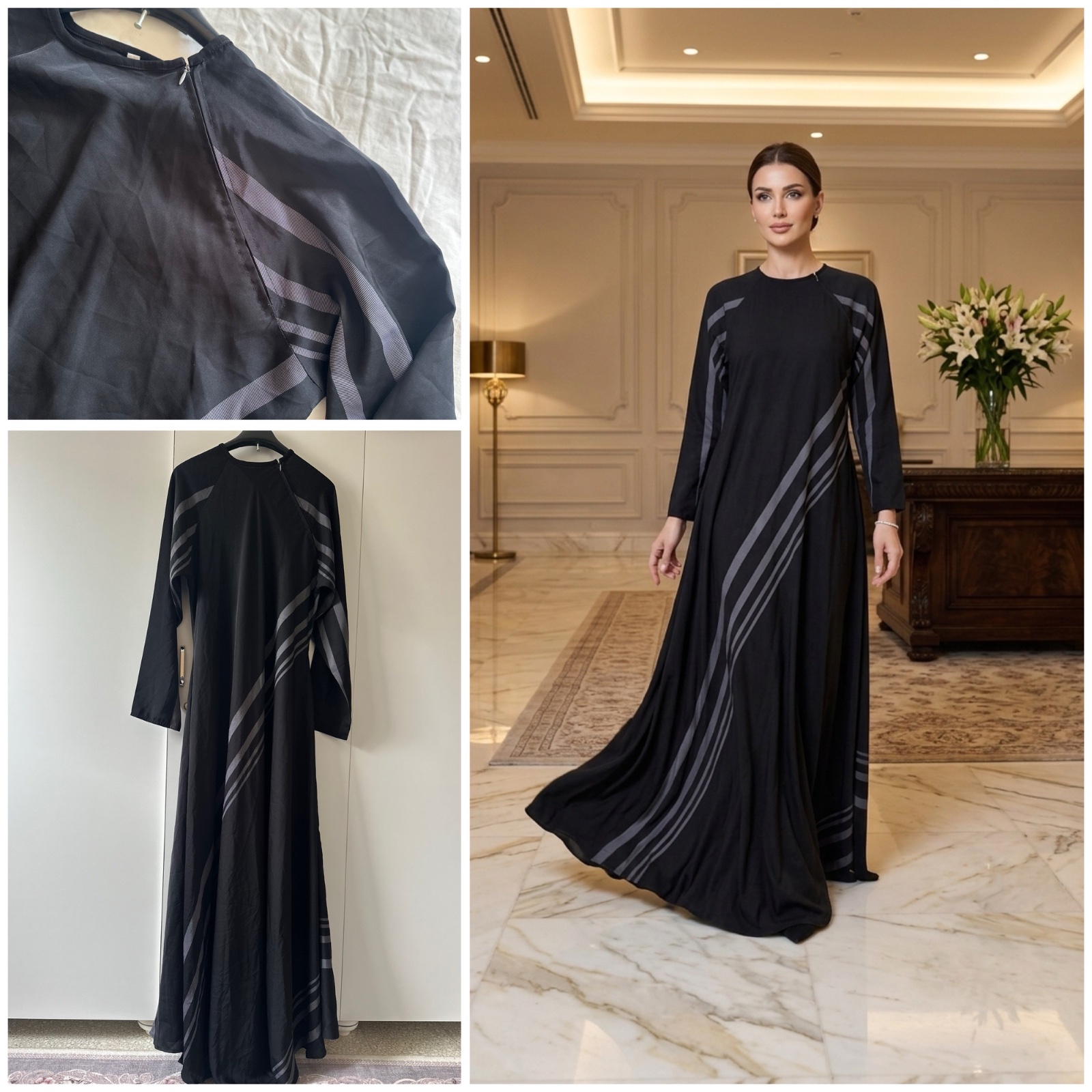 Abaya Moderne Noire à Bandes Grises – Look Raffiné –🔥🌹💞🌸