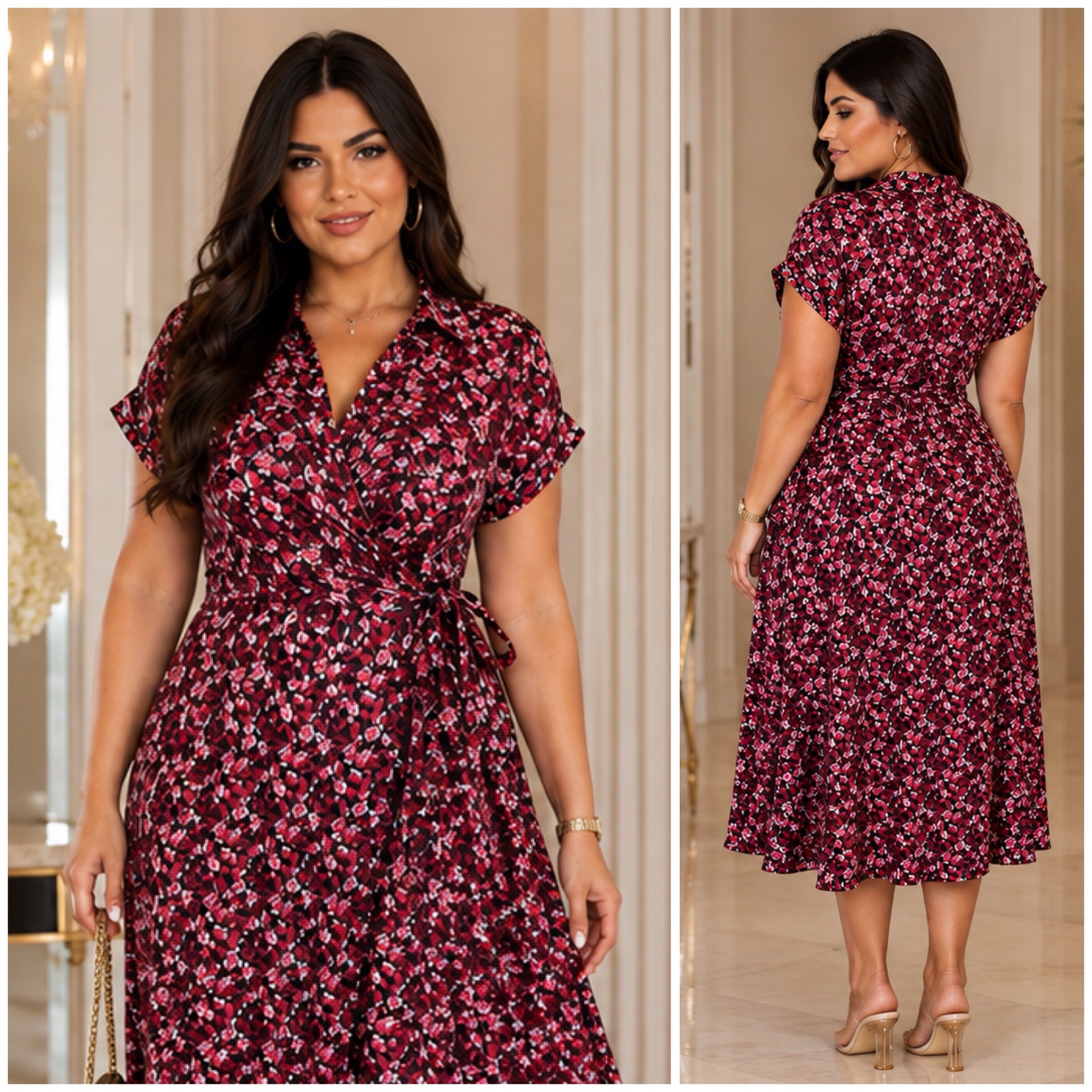 🌹 Magnifique Robe Kiabi Fleurie Rouge & Bordeaux – Coupe Portefeuille Élégante, Taille 46, Longueur Midi Mi-Mollet, Chic & Féminine🌹❤️‍🔥🔥🎀