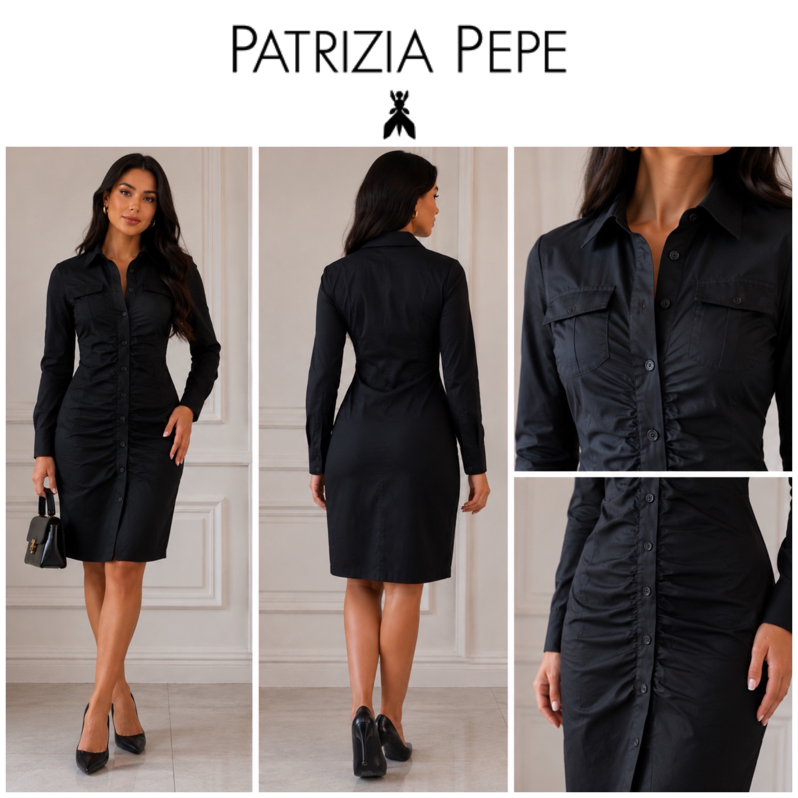 🖤✨ PATRIZIA PEPE ✨🖤 Robe Chemise Noire Cintrée à Fronces | Élégance Italienne 🇮🇹 | Coupe Féminine & Chic | Taille 42 (IT 46) | État Excellent 💎✨🔥🌸🌹🥰✨🔥