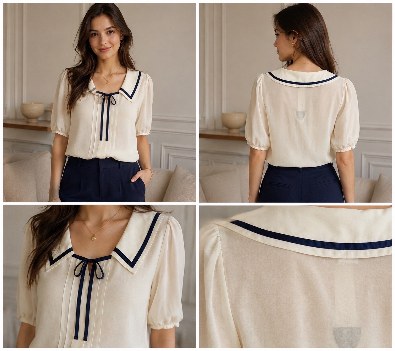 ⚓✨ Haut Élégant Style Marin Crème & Bleu Marine | Blouse Chic Féminine à Nœud 🎀 Manches Bouffantes & Look Old Money Raffiné 💙✨🔥🥰💙🌹🔥🥰🤍🔥