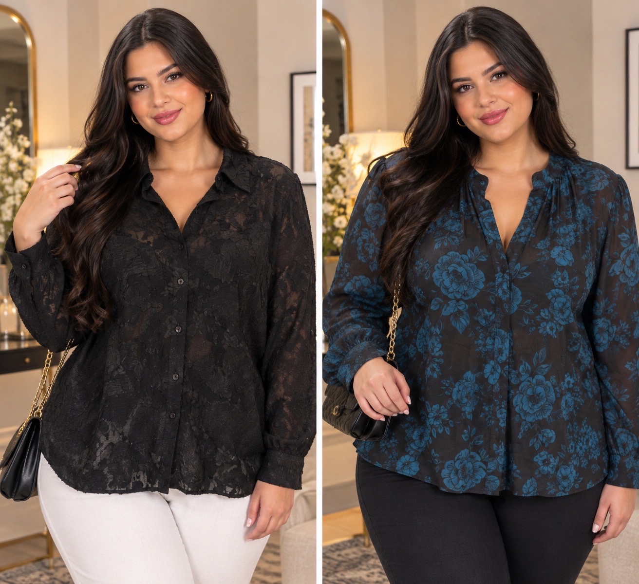 ✨ ✨ LOT DE 2 CHEMISES FEMME GRANDE TAILLE 🖤💙 – Chemise Noire Élégante Transparente + Chemise Noire à Fleurs Bleues – Styles Chic, Féminin & Raffiné – 2 Modèles Uniques🌹🔥🌹✨🥰