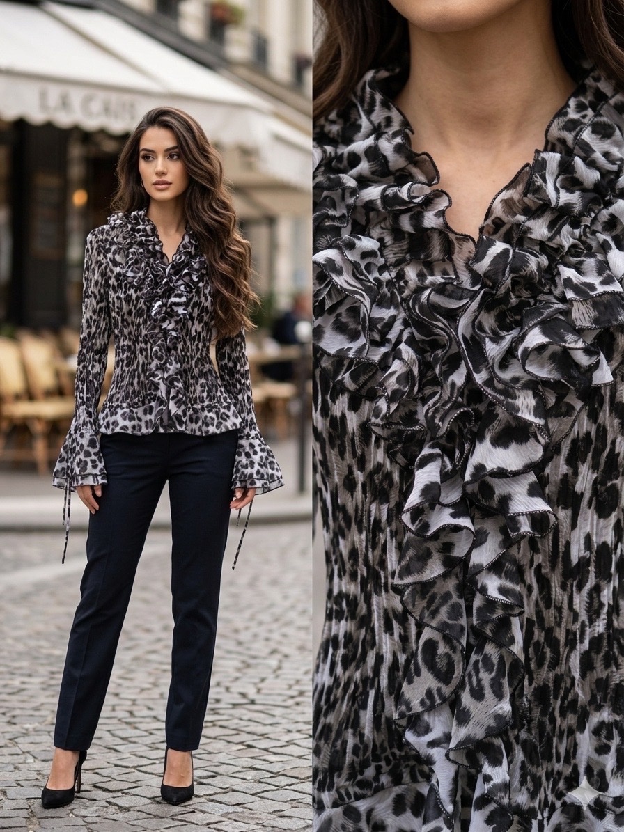 Magnifique chemise plissée et à volants de Blanc Nature, taille 40 - Chic et élégante !🔥🌹💞🔥🌹✨🥰🔥💞🌹