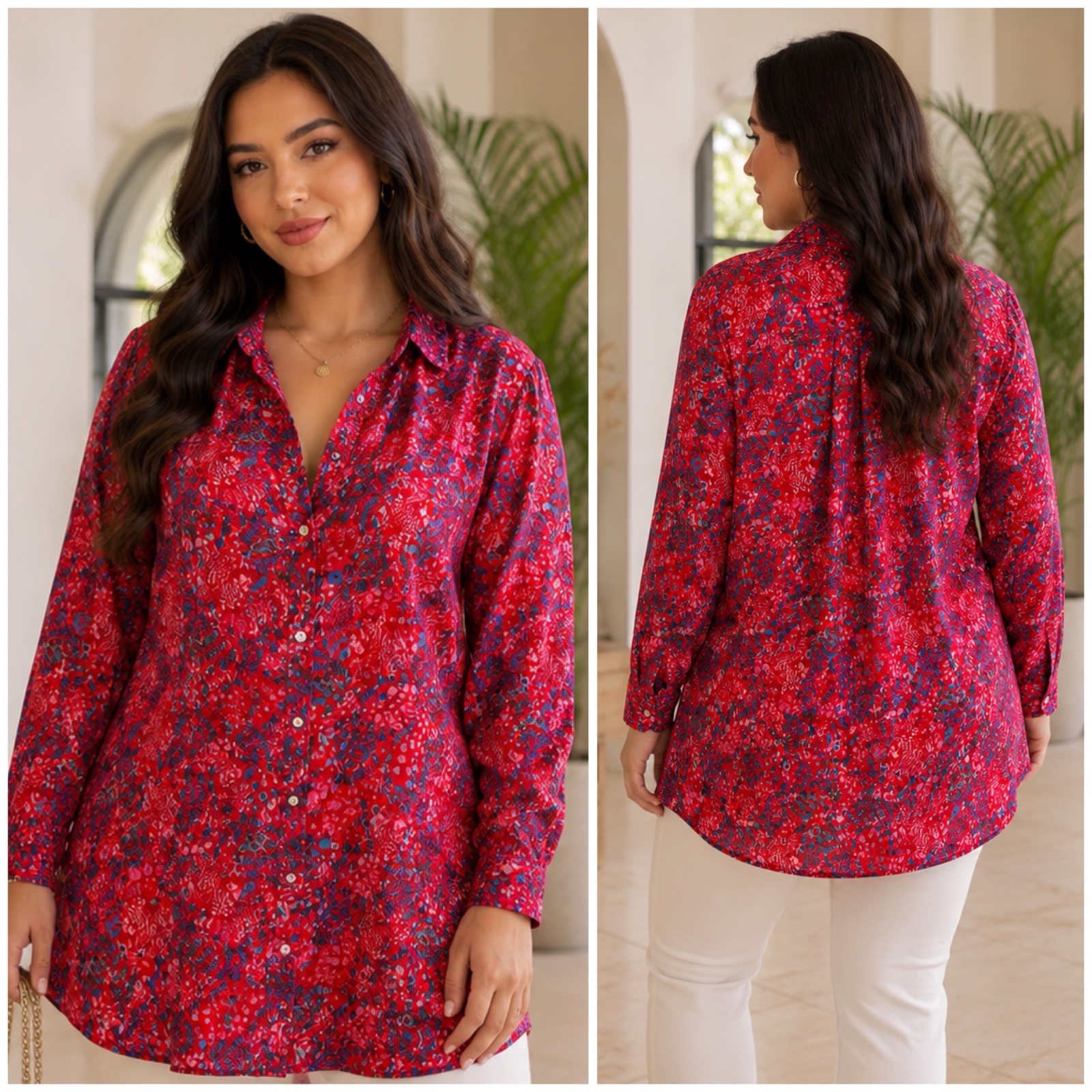✨💖 Chemise Tunique Longue Rose , Rouge & Bleu Imprimé Artistique – Élégante, Fluide, Chic & Tendance pour un Look Raffiné 💖✨🥰💞✨🌸