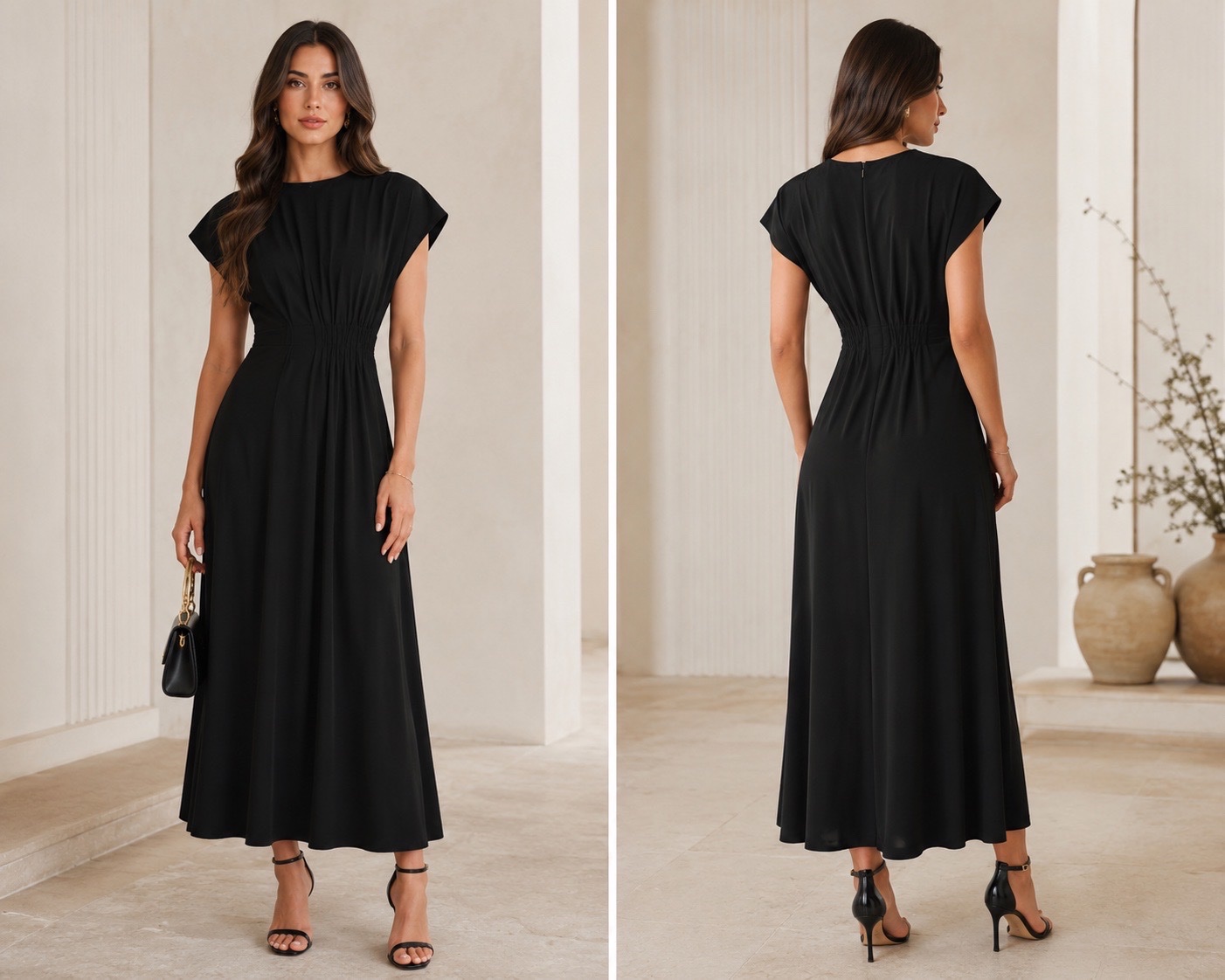 ✨ Robe longue noire élégante à taille froncée – Chic, fluide et intemporelle | Coupe féminine | Idéale soirée, bureau & sorties✨🖤🌹