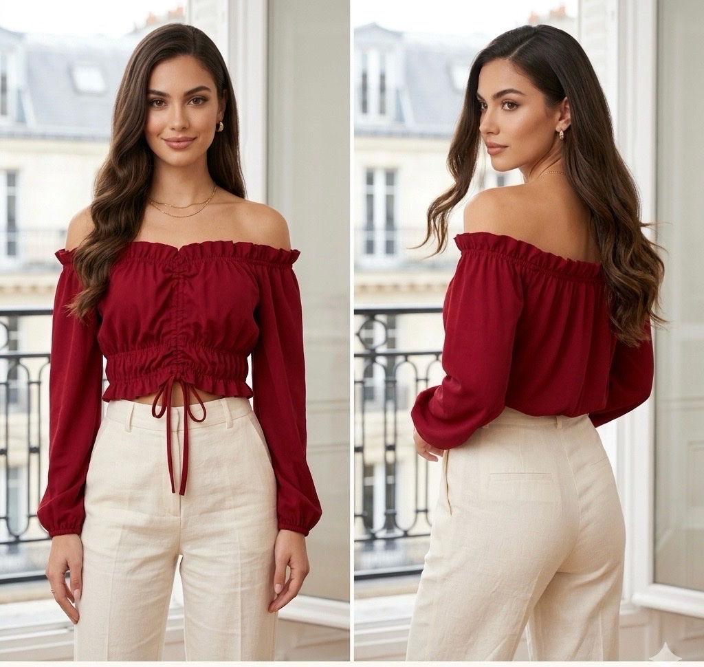 ❤️‍🔥 Crop Top Rouge Passion Col Bardot / Épaules Dénudées - TILLE ( L) Style Chic ✨
