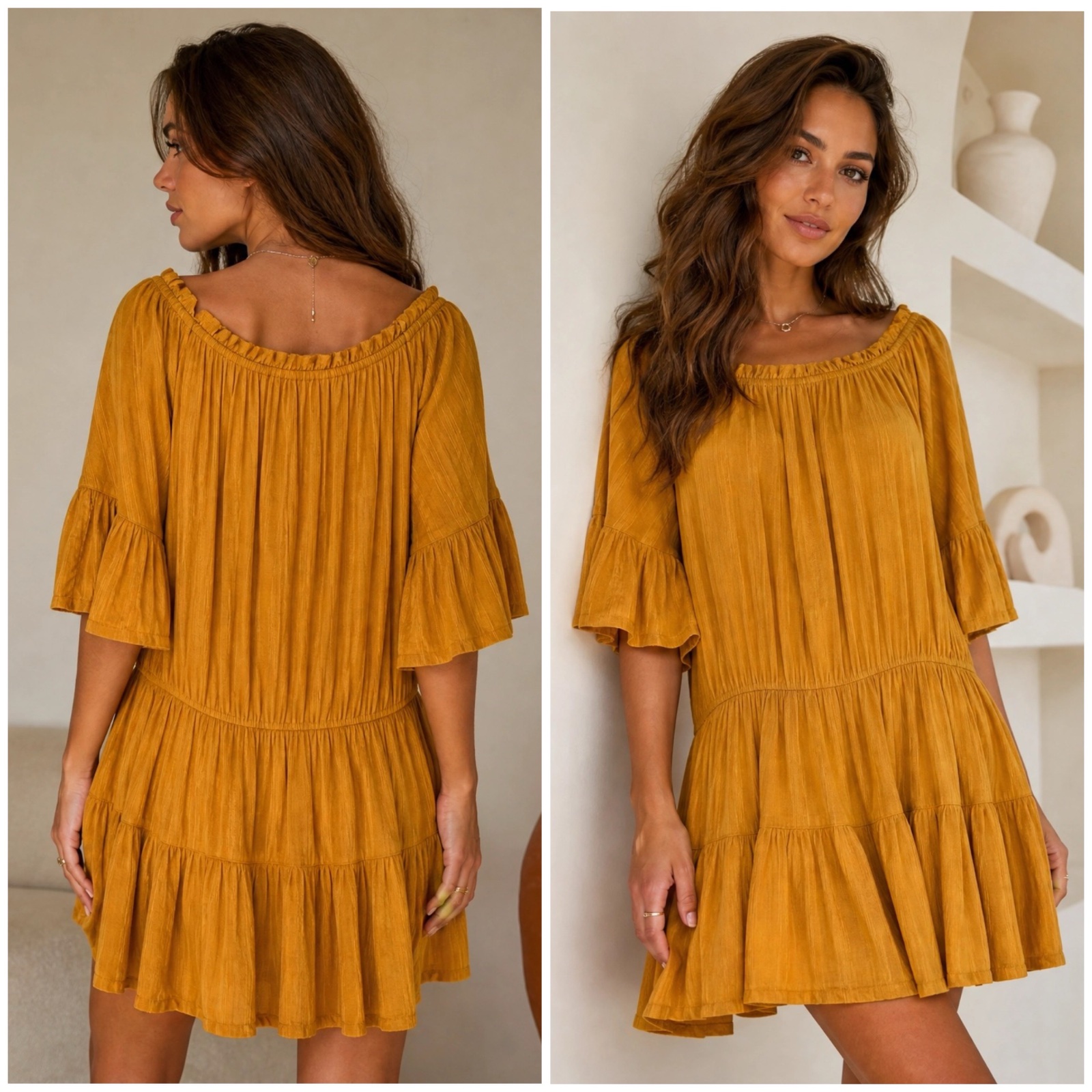 ✨🤎 ASOS | Robe Bohème Chic Moutarde à Volants 🌼 Coupe Fluide & Féminine 💫 Taille 40 EU (L) | Look Casual Élégant ✨👗🔥✨🥰