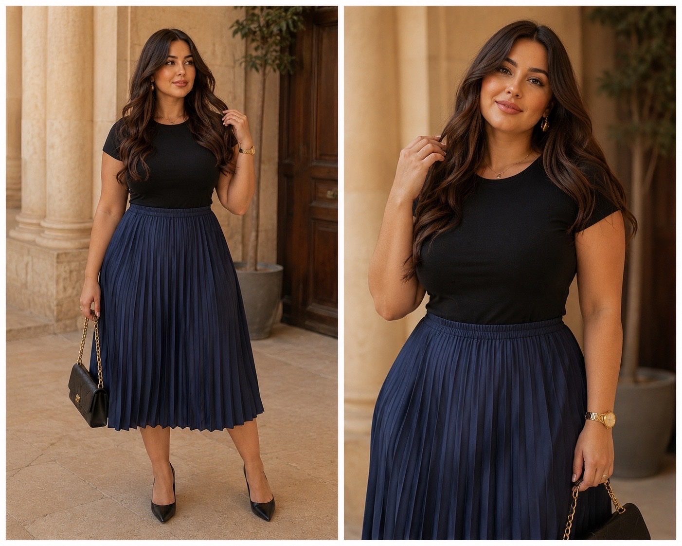 Jupe plissée bleu marine élégante vintage chic ✨ taille haute fluide style sophistiqué femme curvy & classy🔥🌹💞💙🔥🔥