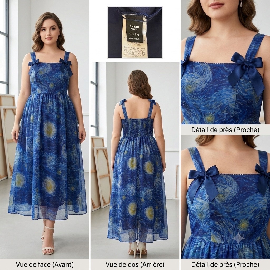 👑 Robe Longue Fluide Style Van Gogh "Nuit Étoilée" Bleue - SHEIN CURVE Taille 5XL (Élastique/Smockée au Dos) ✨ Parfaite pour Occasion / Chic & Élégante ✨ COMME NEUVE 👑