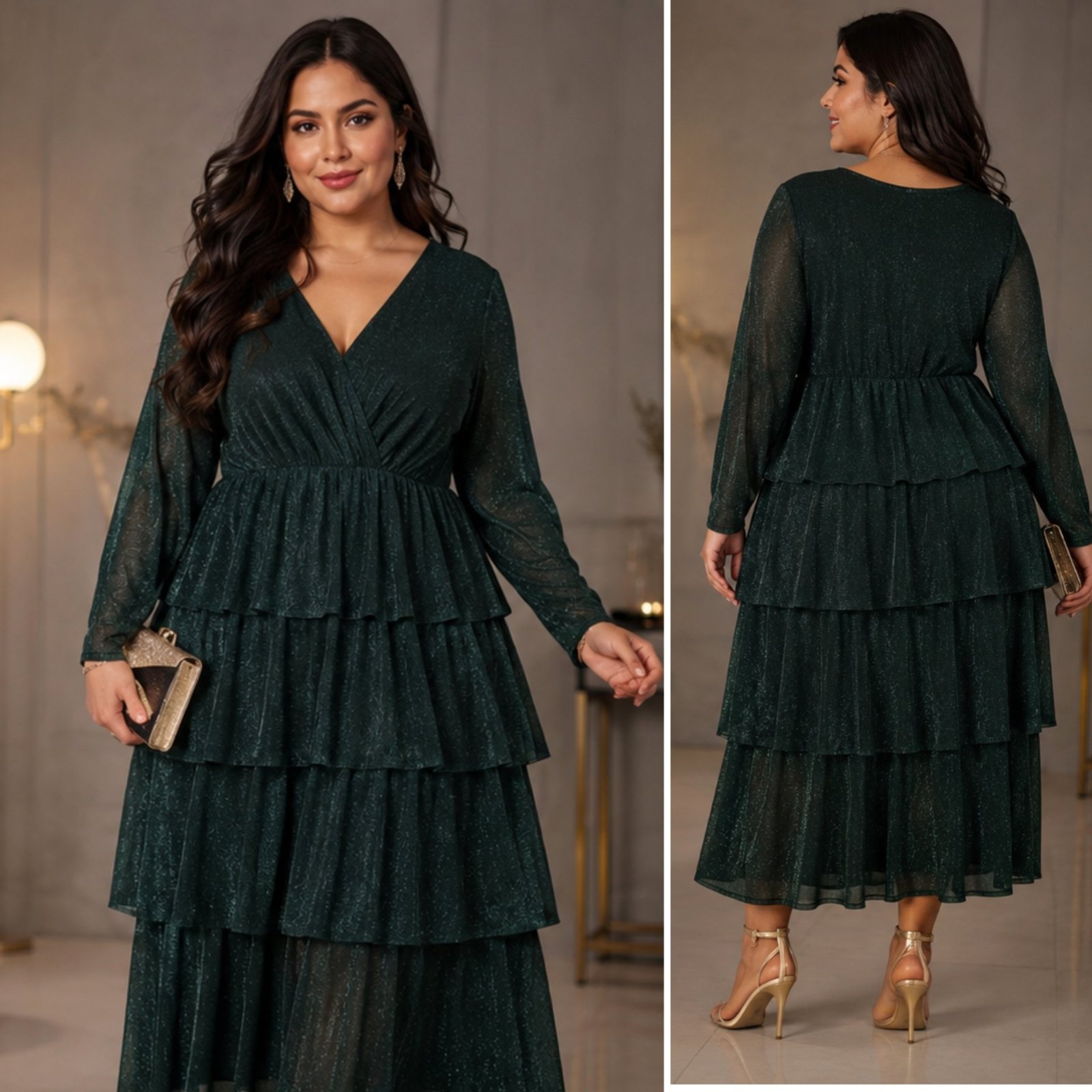 💚✨ Magnifique Robe SHEIN 3XL Vert Émeraude Pailletée ✨ Coupe Féminine & Élégante • Volants Superposés • Manches Longues Transparentes • Longueur Midi ✨💚🌹❤️🎀