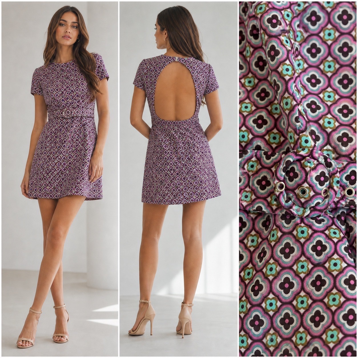 🌸🔥 Magnifique Robe ZARA Rétro Chic • Dos Nu Spectaculaire & Ceinture Assortie • Imprimé Géométrique Rose/Violet • T.L 💎🔥🥰✨🌸🌹💜