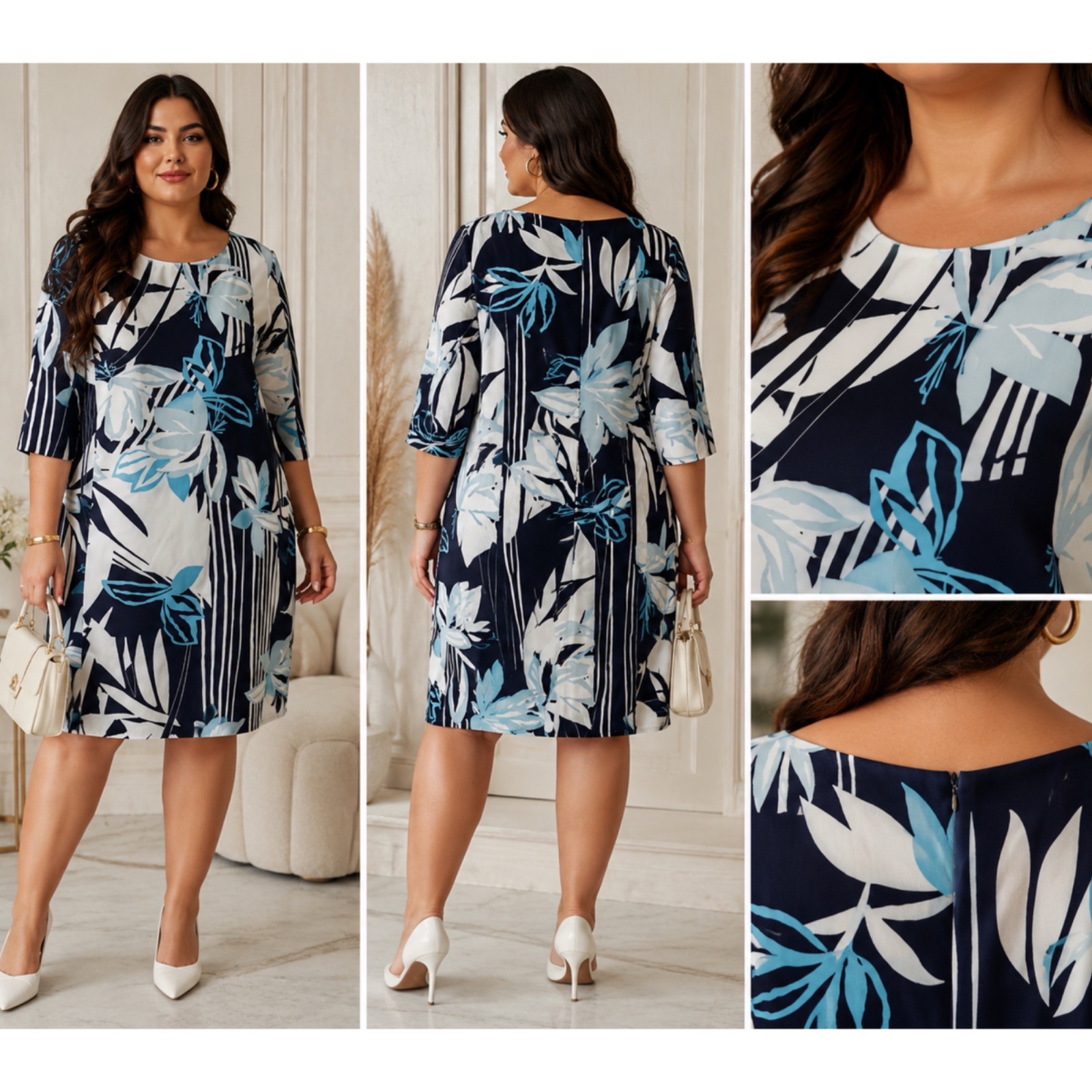 ✨💙 Robe BLUTIME FASHION Femme Grande Taille– Imprimé Floral Bleu & Blanc – Coupe Chic et Élégante – Manches 3/4 – Tissu Extensible Confortable – Idéale Bureau, Sorties, Cérémonies & Toutes Occasions 💙✨🔥🩵✨🌸🔥