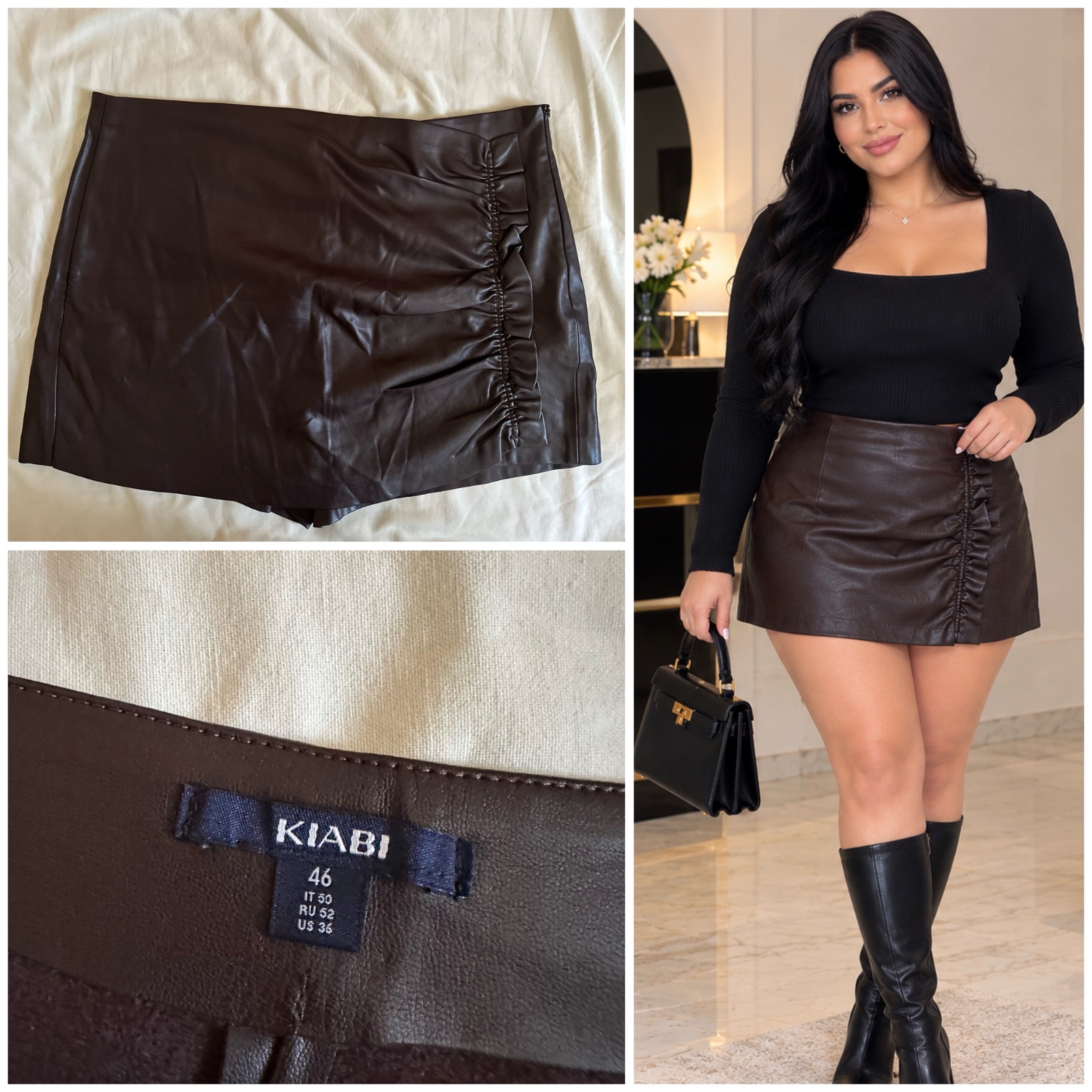 ✨ Jupe-short tendance en similicuir marron chocolat Kiabi - Taille 46 (XL/XXL) - Coupe portefeuille & fronces stylées ✨🤎✨🌹