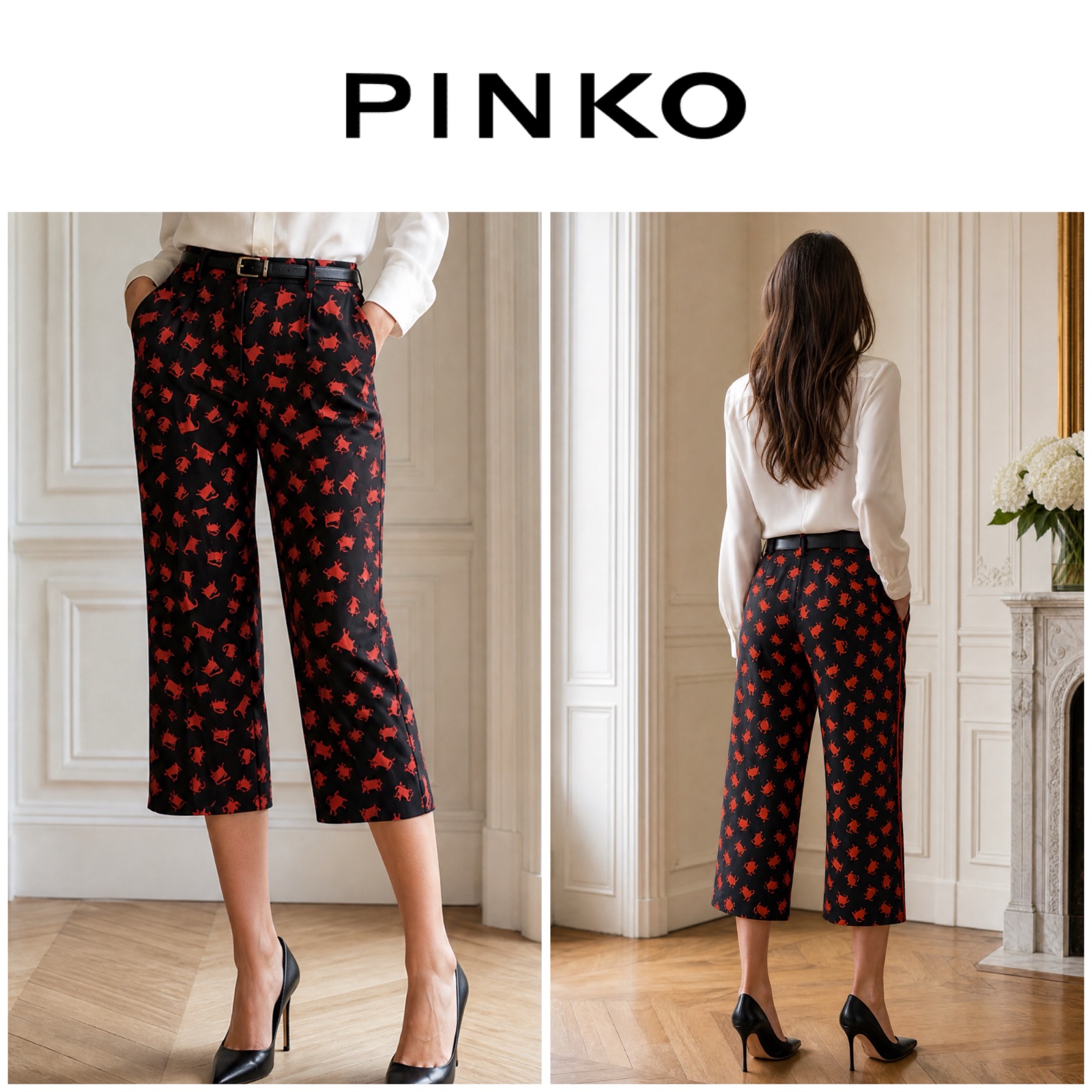 ❤️ Rare Pinko Original – Pantacourt noir imprimé chats – Taille 38 – Comme neuf🐱🔥🌹🥰