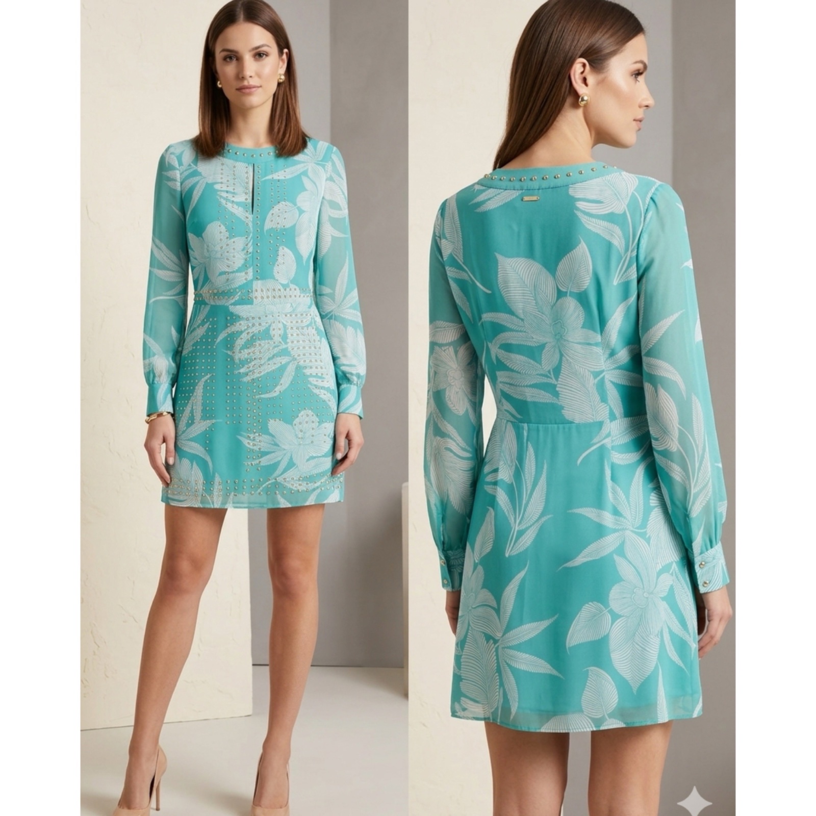 ✨ Sublime Robe Chic MARCIANO Luxe – Idéale Invité Mariage ou Soirée – Vert Teal Imprimé Floral & Voile🔥✨🌹🔥